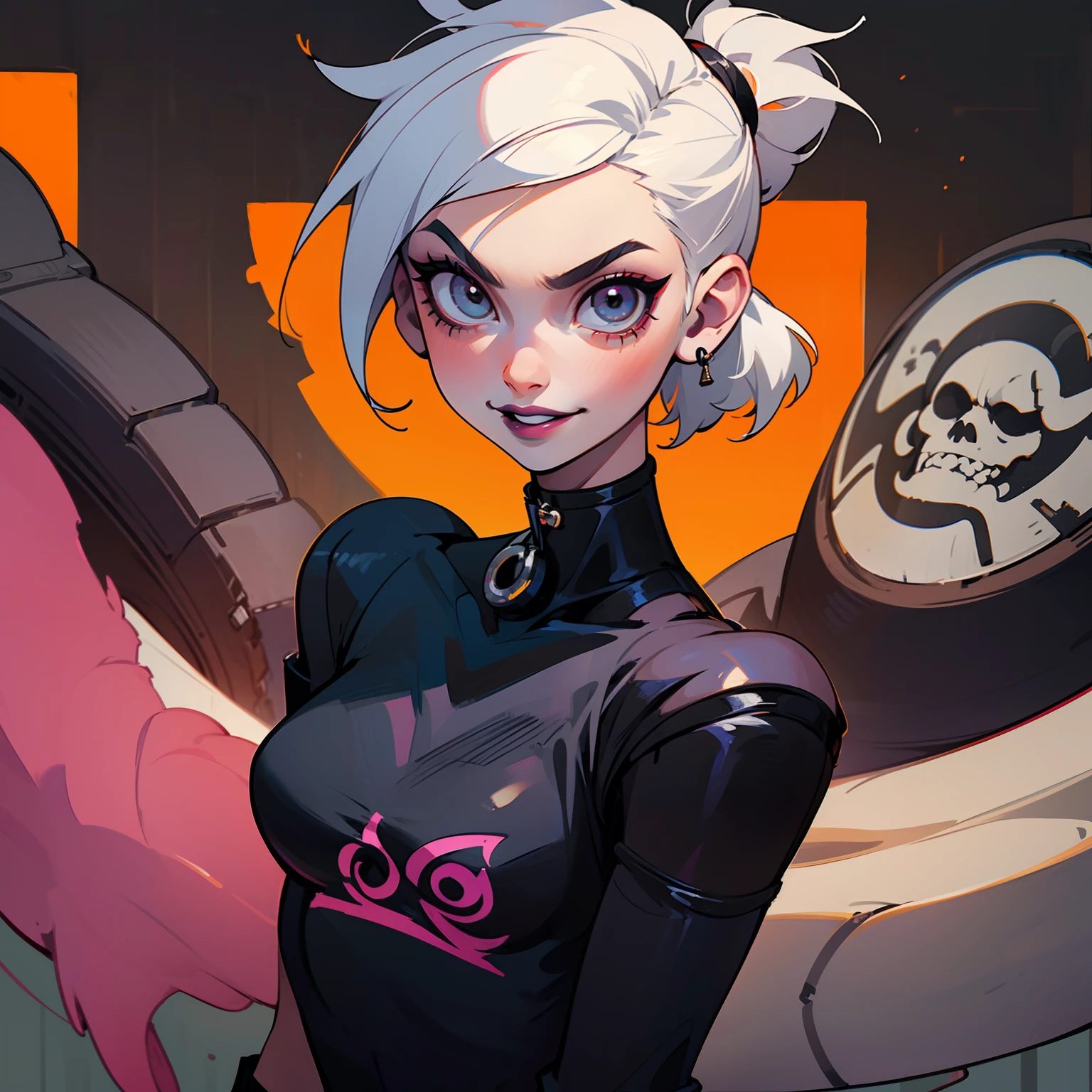 ((solo)). female character around 18/19 years old. thin body without many special attributes. wearing black clothing, a punk style outfit. she has a cheeky smile. white eyes, very short white hair too. She wears eyeliner and black lipstick on her lips. she looks a bit like a street fighter.