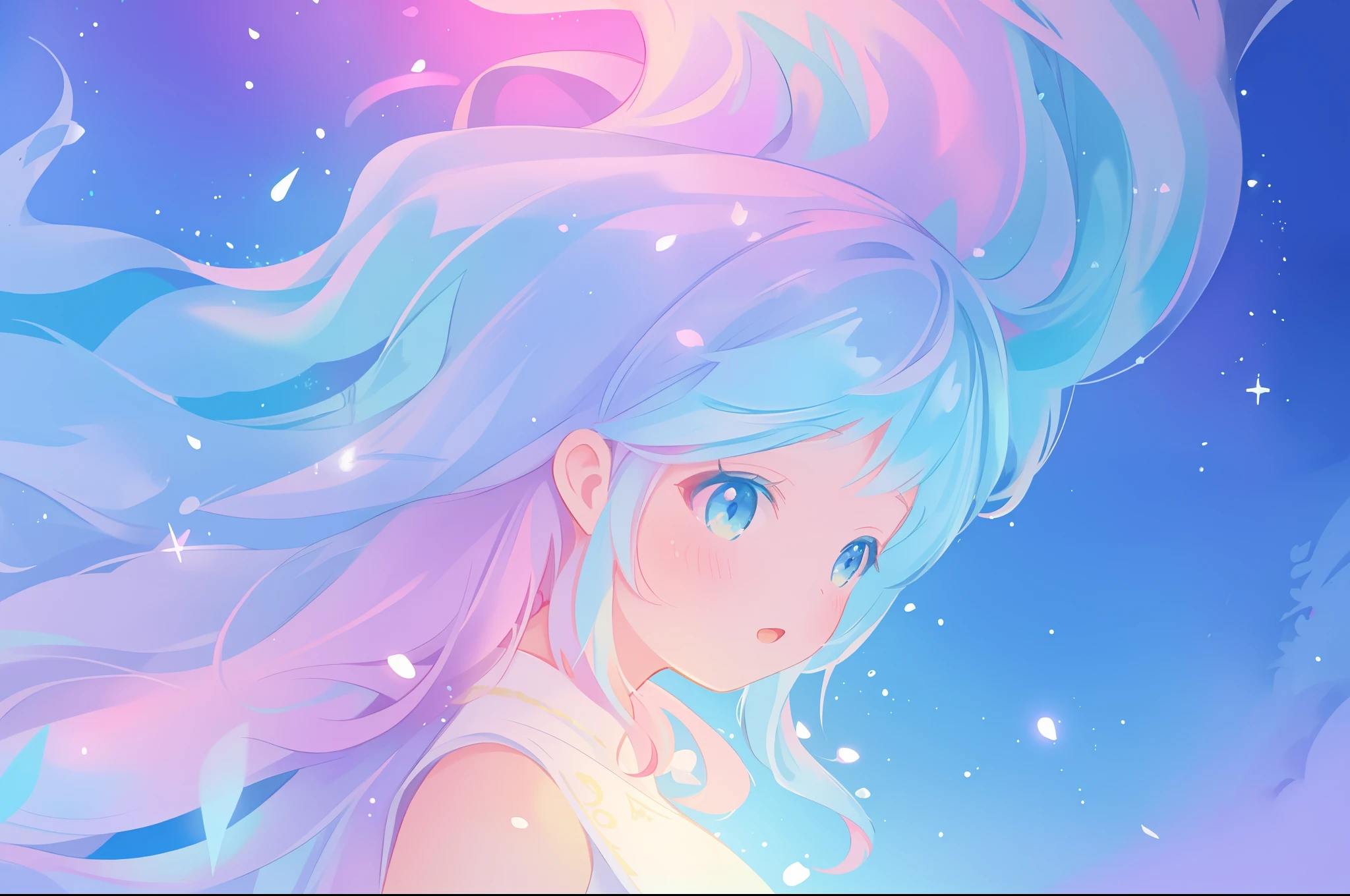 beautiful girl, vibrant pastel colors, vibrant pastel colors, flowing white dress(colorful), magical lights, long flowing colorful hair, inspired by Glen Keane, inspired by Lois van Baarle, disney art style, by Lois van Baarle, glowing aura around her, by Glen Keane, jen bartel, glowing lights! digital painting, flowing glowing hair, glowing flowing hair, beautiful digital illustration, fantasia background, whimsical, magical, fantasy, beautiful face, ((masterpiece, best quality)), intricate details, highly detailed, sharp focus, 8k resolution, sparkling detailed eyes, liquid watercolor
