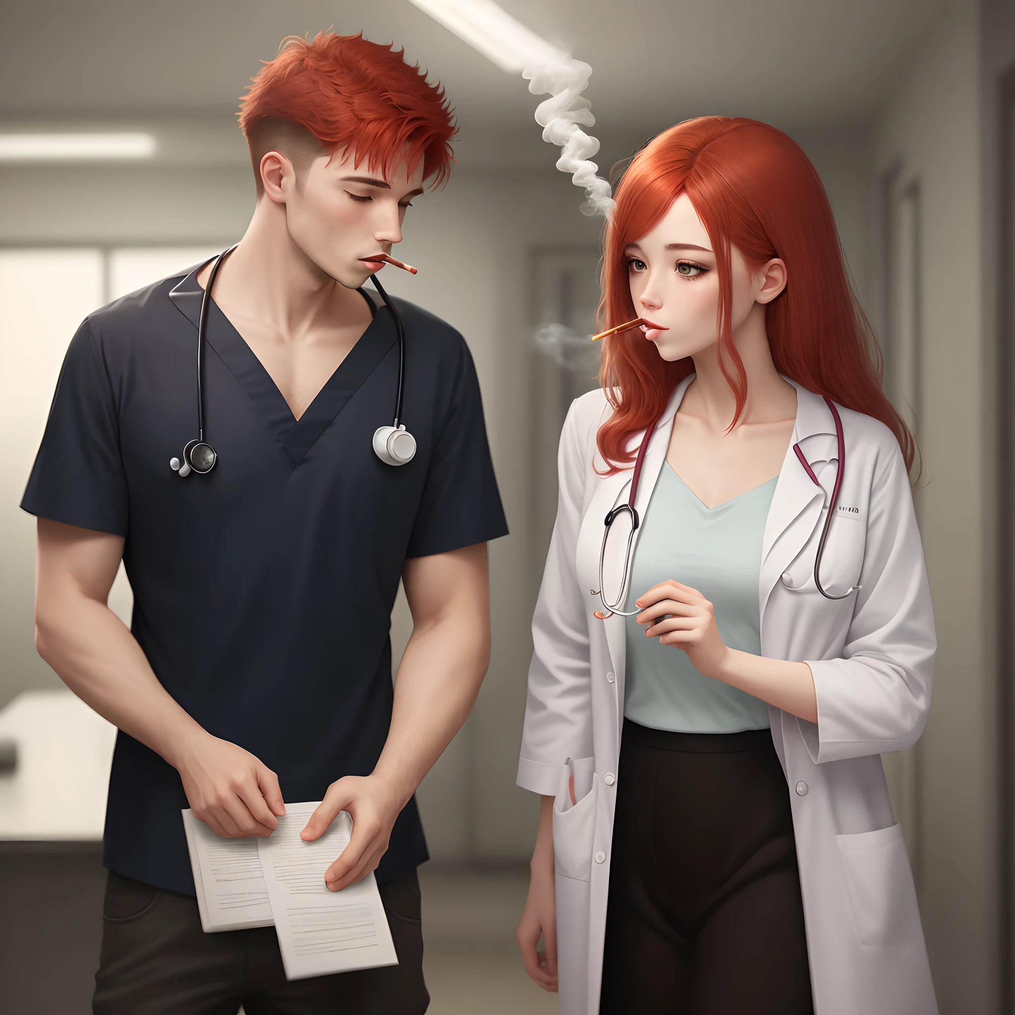 red haired doctor girl smoking with a blacked out man