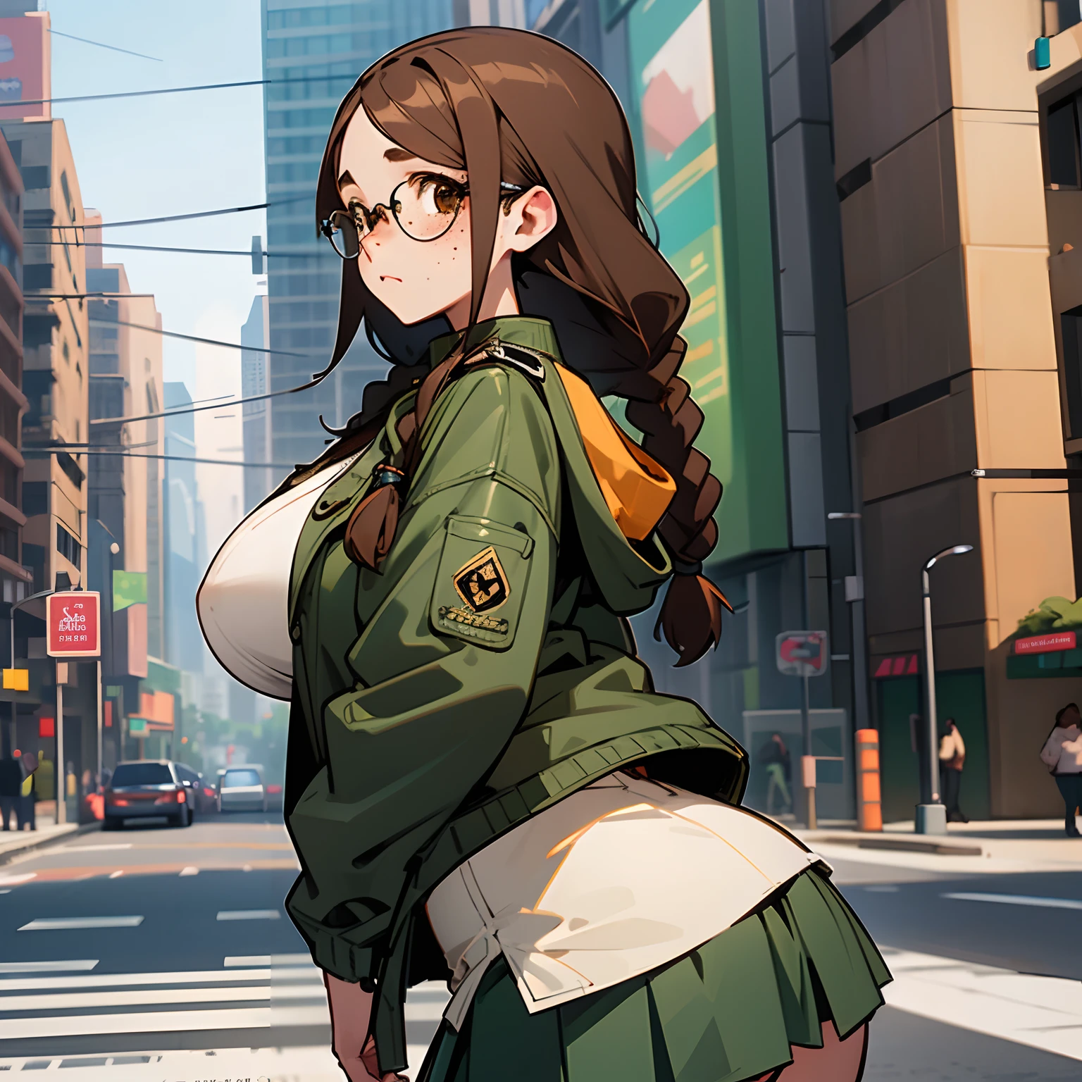 1girl, detailed face, detailed eyes, brown hair, twin braids, brown eyes, glasses, (freckles;1.5), large breasts, huge ass, green jacket, miniskirt, outdoors, city