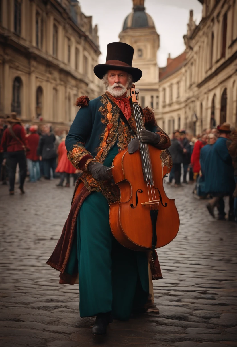 Brightly dressed street musician, city square, crowd, Background of the Town Hall, 17th century