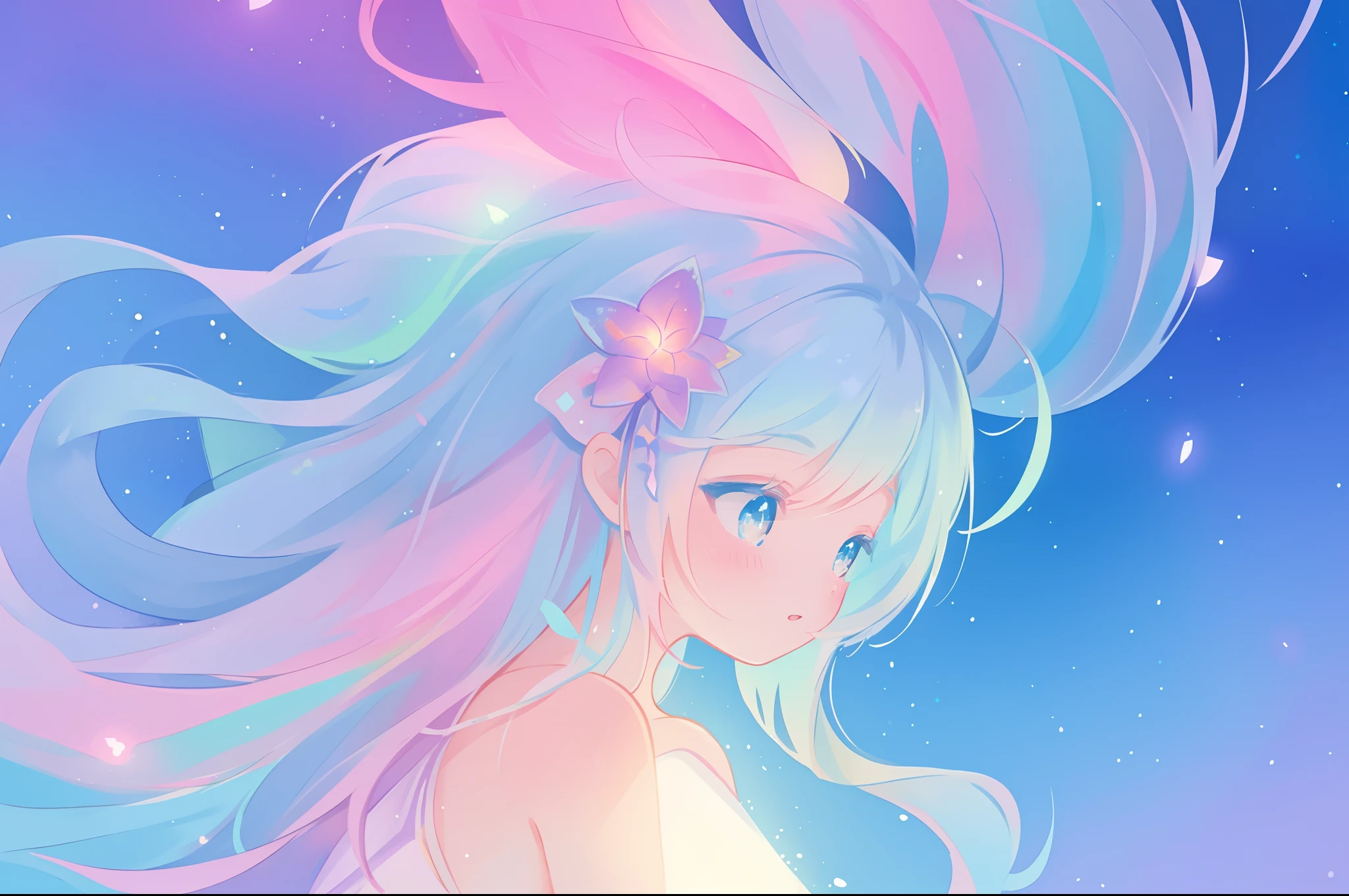 beautiful girl, vibrant pastel colors, vibrant pastel colors, flowing white dress(colorful), magical lights, long flowing colorful hair, inspired by Glen Keane, inspired by Lois van Baarle, disney art style, by Lois van Baarle, glowing aura around her, by Glen Keane, jen bartel, glowing lights! digital painting, flowing glowing hair, glowing flowing hair, beautiful digital illustration, fantasia background, whimsical, magical, fantasy, beautiful face, ((masterpiece, best quality)), intricate details, highly detailed, sharp focus, 8k resolution, sparkling detailed eyes, liquid watercolor