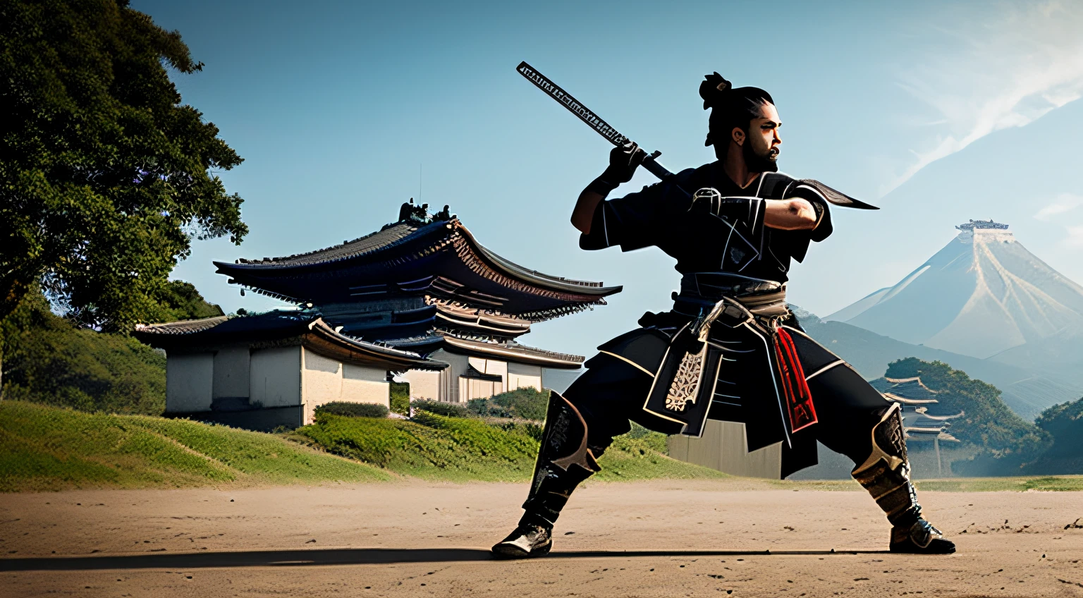 Sombra inteira de um samurai de frente, com duas katana e chapel, Combat Position