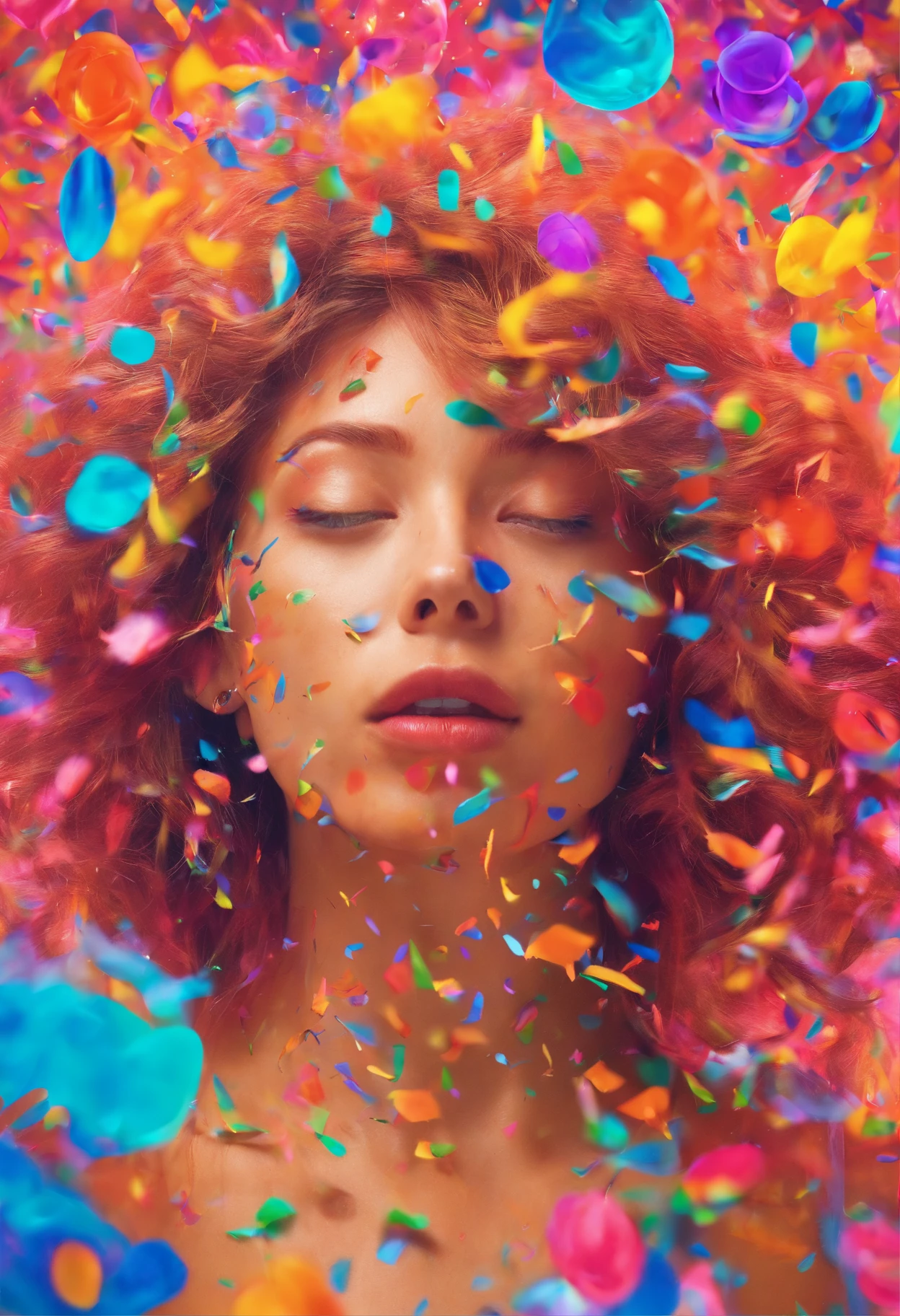 (((Photorealistic Woman)))、20yr old、((of the highest quality, 8K,Raw photo)), (Realistic, Photorealistic: 1.37),BREAK, Cosmos confetti