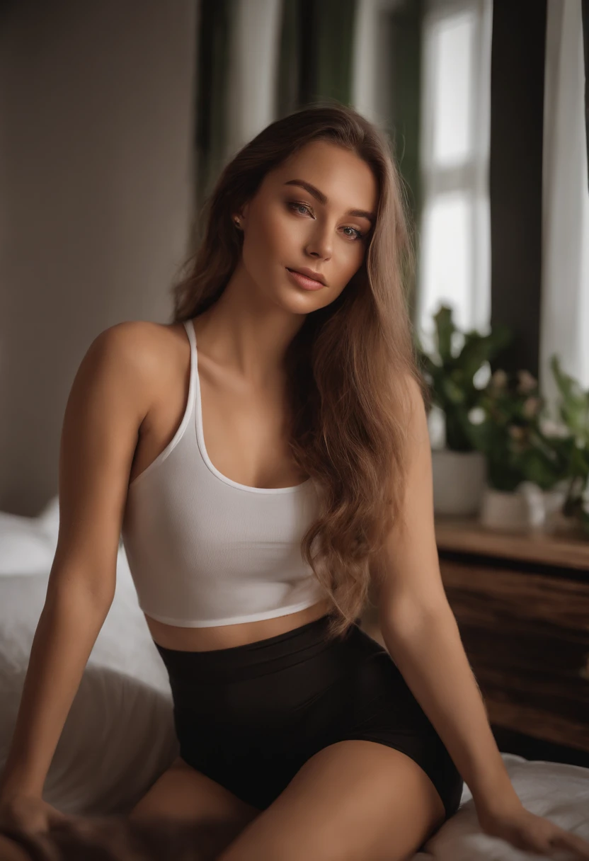 Arafed Frau mit passendem Tanktop und Leggings, Sexy girl with brown eyes, portrait sophie mudd, brown hair and big eyes, Selfie einer jungen Frau, Augen im Schlafzimmer, Violet Myers, ohne Make-up, Natural makeup, Drehen Sie sich, um in die Kamera zu schauen, lacht, Gesicht mit Artgram, dezentes Make-up, Stunning full body shot, im Schlafzimmer, Knackarsch, niedlicher Hintern, 4K