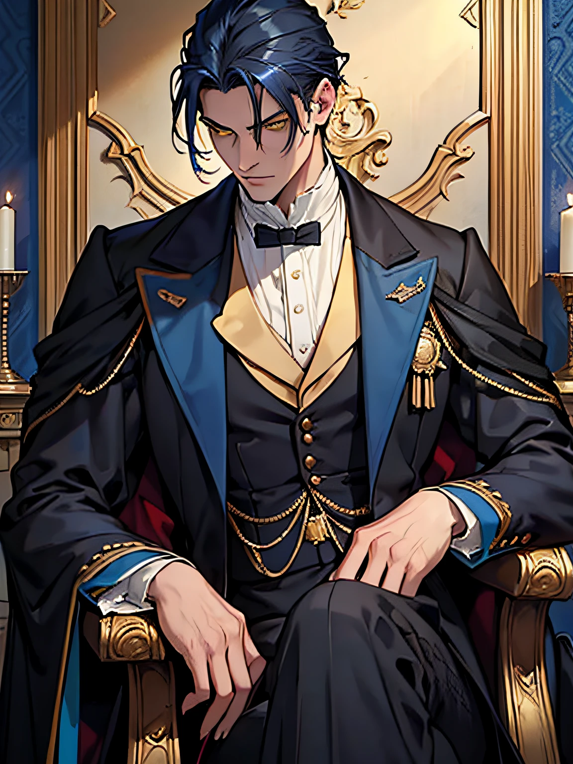 Tall man, 20 years old, dark blue hair, sharp yellow eyes, delicated face, superior vibe, they're so beautiful to look at. He has medium lenght hair and toned body. He is seen wearing a victorian bloodborne noble dark clothes full of details. Palace room background, golden details, richness, aristocracy, arrogant and INTJ, portrait