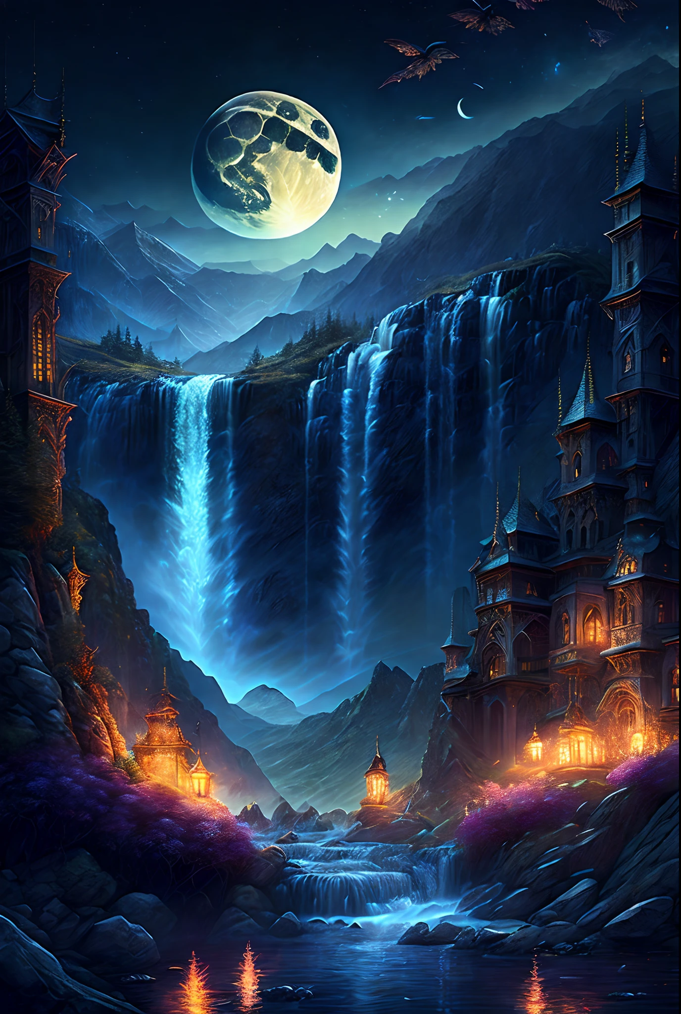 masterpiece, best quality, highest detail, a stunning gothic fantasy landscape at night, mystic waterfalls, bewitching dark mountains, harvest gothic moon, epic artwork, 32k resolution