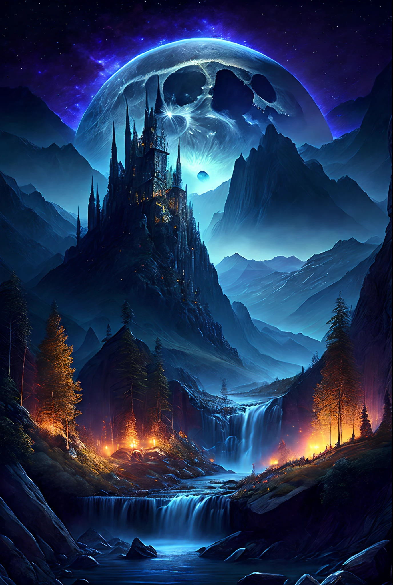 masterpiece, best quality, highest detail, a stunning gothic fantasy landscape at night, mystic waterfalls, bewitching dark mountains, harvest gothic moon, epic artwork, 32k resolution