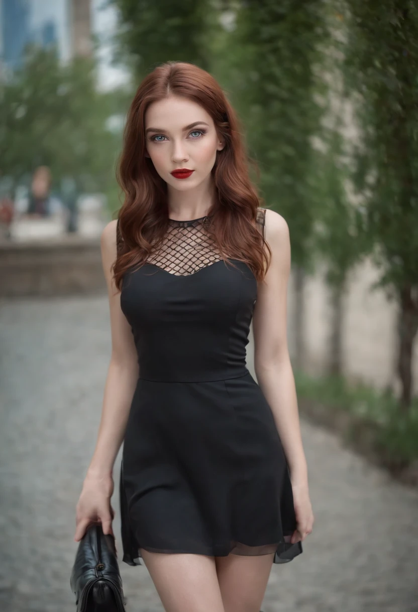 smirking reddish brown hair girl, blue eyes, beautiful, full body, small breasts, wearing a black short dress with fishnet stockings, high heels on feet, red lipstick