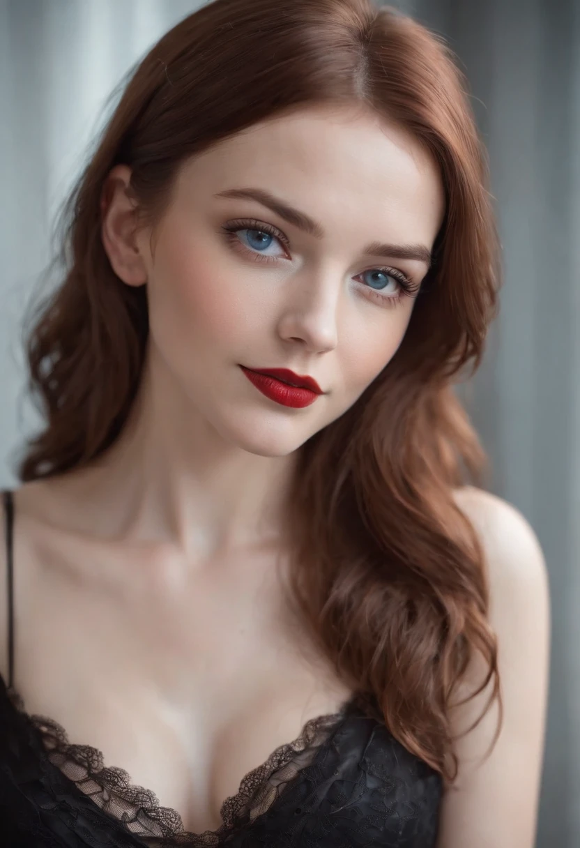smirking reddish brown hair girl, blue eyes, beautiful, full body, small breasts, wearing a black short dress with fishnet stockings, high heels on feet, red lipstick