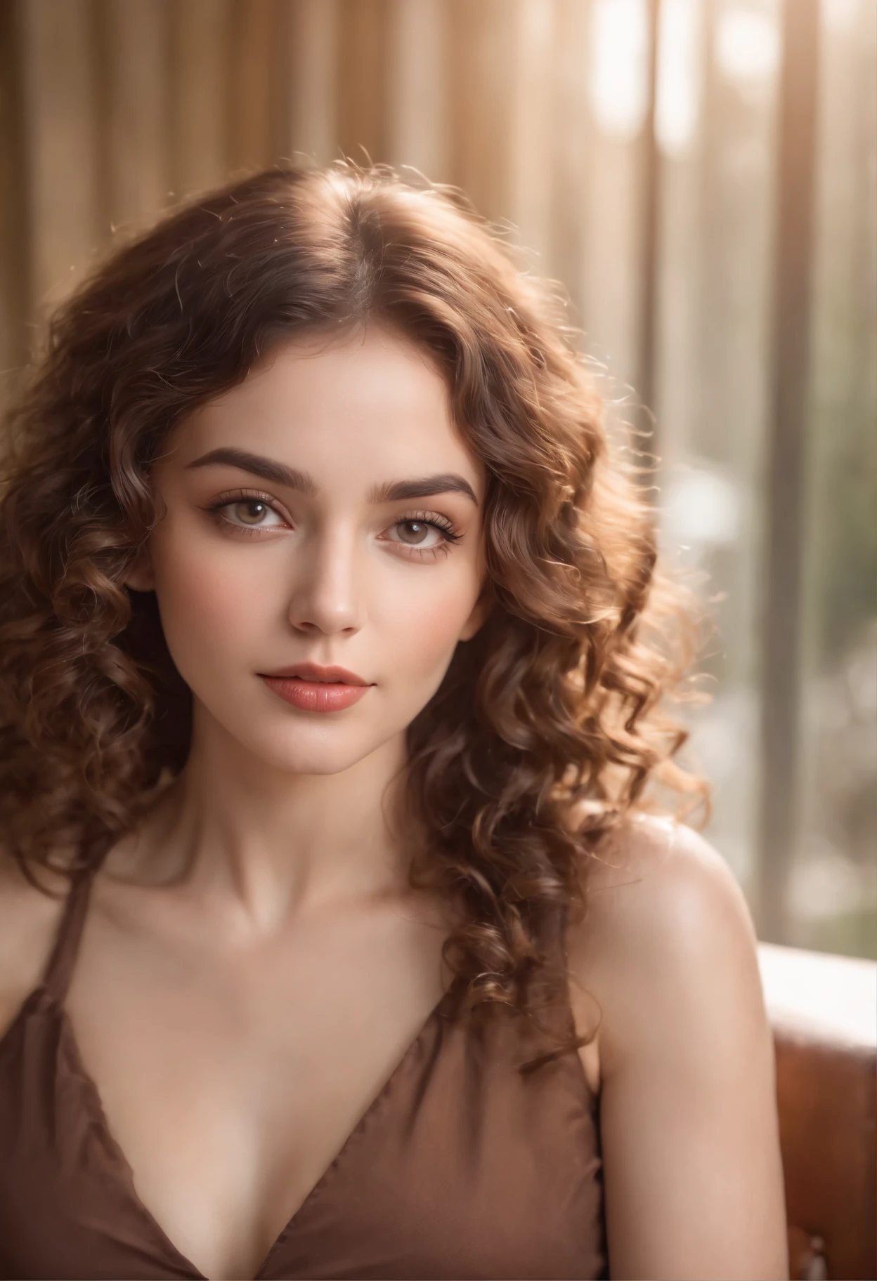 (soft focus:1.2), photo, attractive mixed woman, (beautiful face:1.1), detailed hazel eyes, luscious lips, (cat eye makeup:0.85), (medium eyes:1.0), (toned body:1.2), (curly hair:1.2), wearing (sundress:1.2) sitting on a (chair:1.2). (moody lighting:1.2), depth of field, bokeh, 4K, HDR. golden skin, hazel eyes, beauty marks, honey skin, wearing leather as a dominatrix (holding a crop) Cinematic photo
