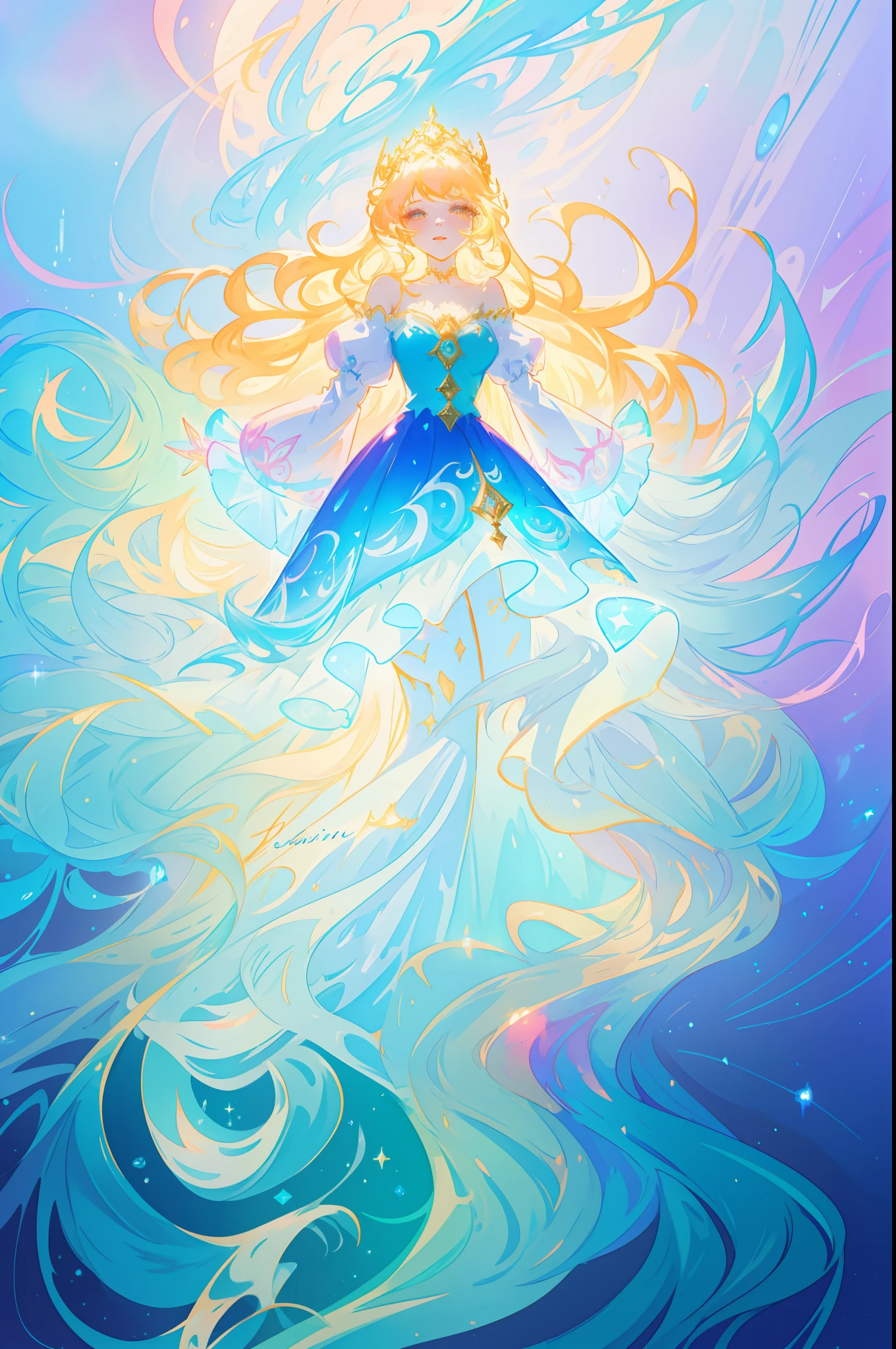 beautiful girl, puffy tiered princess ballgown with puffy long sleeves, vibrant pastel colors, (colorful), glowing golden long hair, magical lights, sparkling magical liquid, inspired by Glen Keane, inspired by Lois van Baarle, disney art style, by Lois van Baarle, glowing aura around her, by Glen Keane, jen bartel, glowing lights! digital painting, flowing glowing hair, glowing flowing hair, beautiful digital illustration, fantasia background, whimsical, magical, fantasy, ((beautiful face)), ((masterpiece, best quality)), intricate details, highly detailed, sharp focus, 8k resolution, sparkling detailed eyes, liquid watercolor