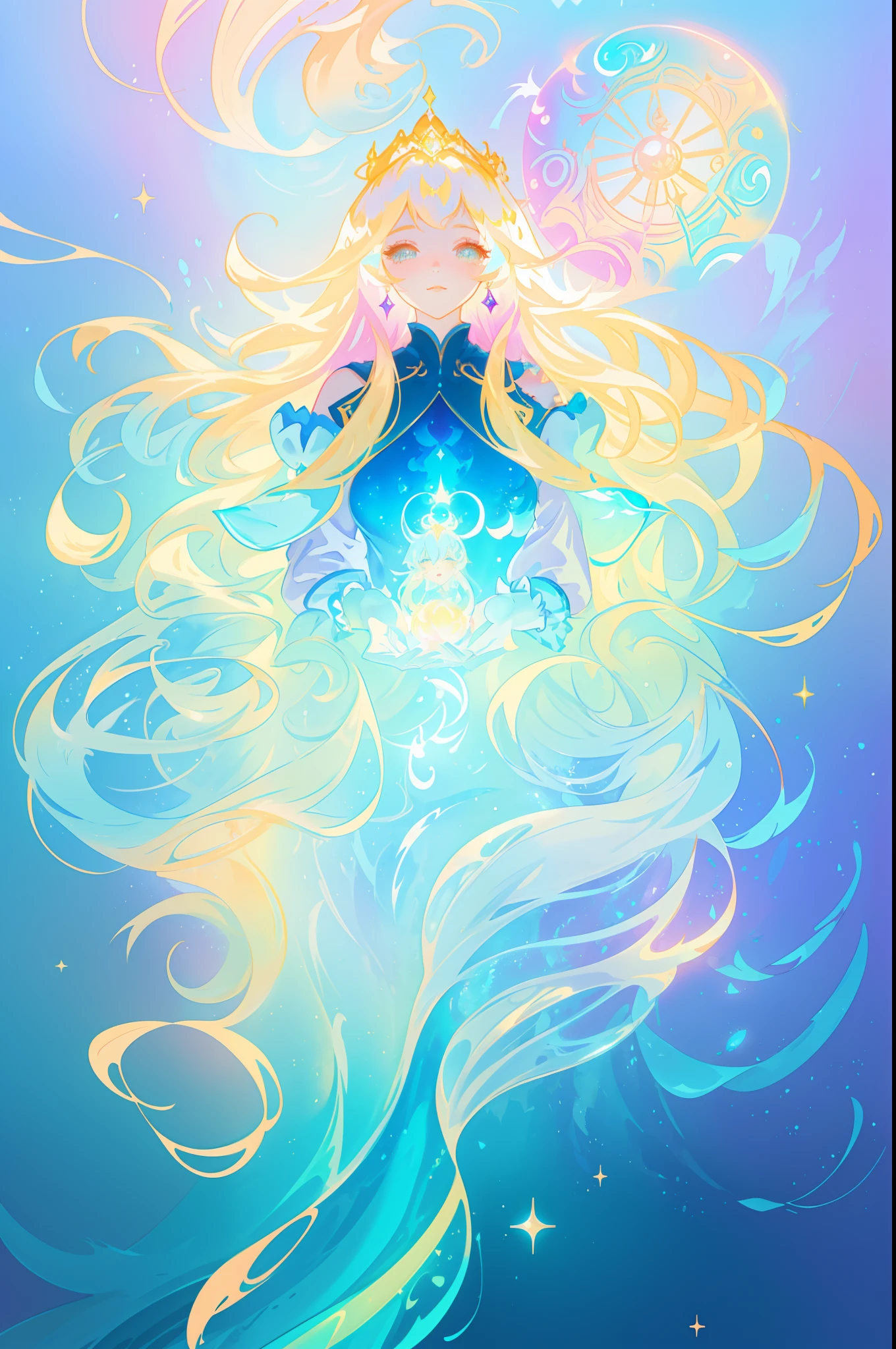 beautiful girl, puffy tiered princess ballgown with puffy long sleeves, vibrant pastel colors, (colorful), glowing golden long hair, magical lights, sparkling magical liquid, inspired by Glen Keane, inspired by Lois van Baarle, disney art style, by Lois van Baarle, glowing aura around her, by Glen Keane, jen bartel, glowing lights! digital painting, flowing glowing hair, glowing flowing hair, beautiful digital illustration, fantasia background, whimsical, magical, fantasy, ((beautiful face)), ((masterpiece, best quality)), intricate details, highly detailed, sharp focus, 8k resolution, sparkling detailed eyes, liquid watercolor