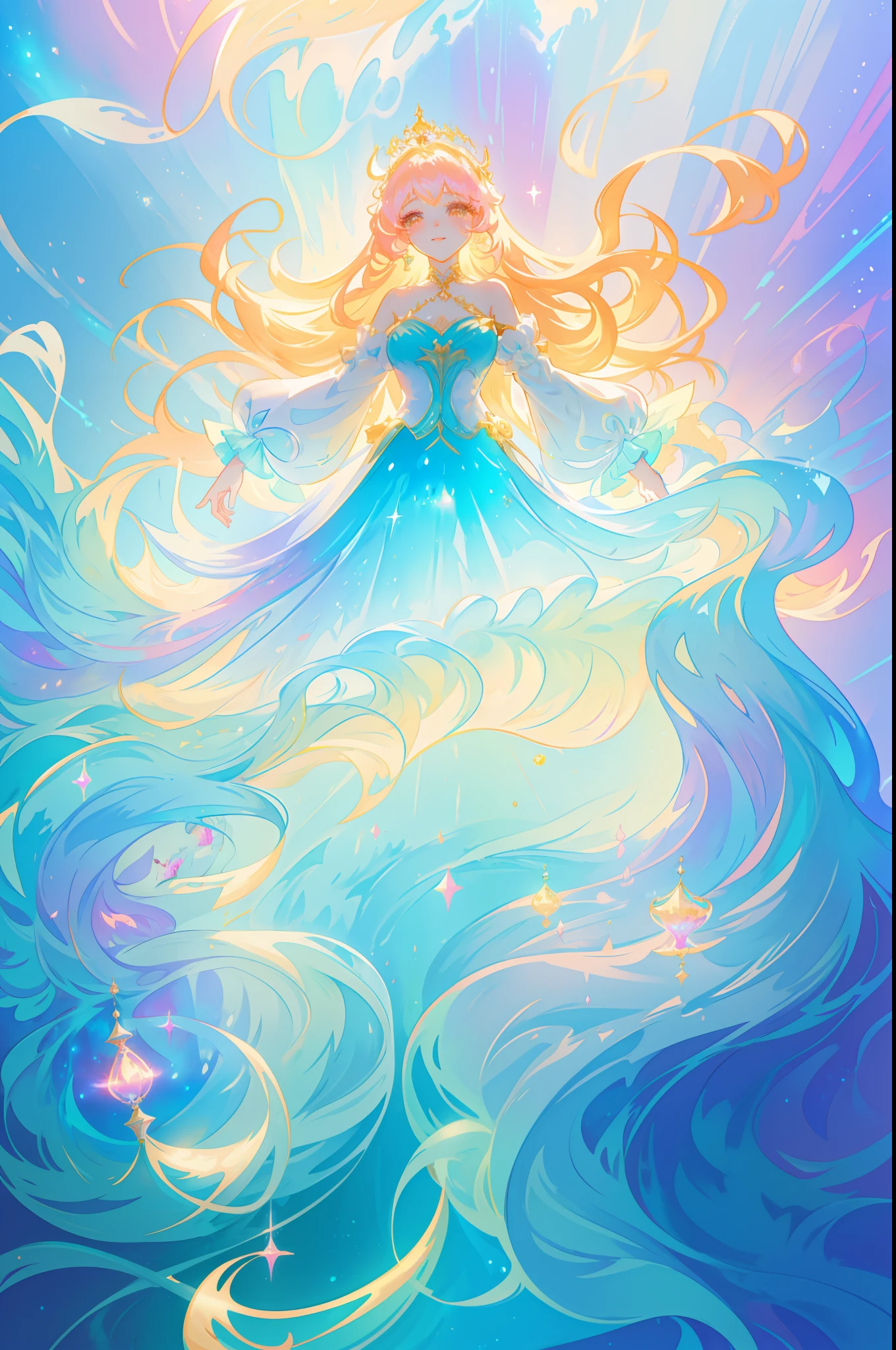 beautiful girl, puffy tiered princess ballgown with puffy long sleeves, vibrant pastel colors, (colorful), glowing golden long hair, magical lights, sparkling magical liquid, inspired by Glen Keane, inspired by Lois van Baarle, disney art style, by Lois van Baarle, glowing aura around her, by Glen Keane, jen bartel, glowing lights! digital painting, flowing glowing hair, glowing flowing hair, beautiful digital illustration, fantasia background, whimsical, magical, fantasy, ((beautiful face)), ((masterpiece, best quality)), intricate details, highly detailed, sharp focus, 8k resolution, sparkling detailed eyes, liquid watercolor