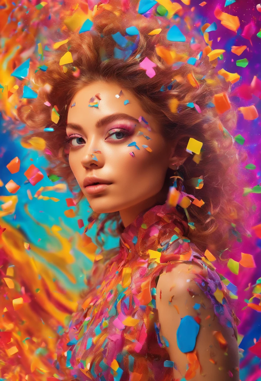 (((Photorealistic Woman)))、20yr old、((of the highest quality, 8K,Raw photo)), (Realistic, Photorealistic: 1.37),BREAK, Cosmos confetti