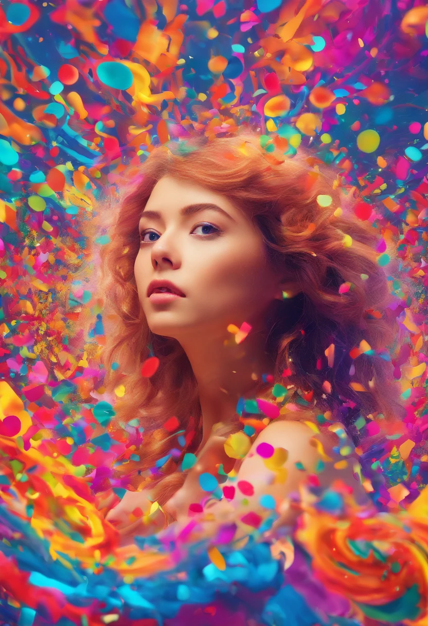 (((Photorealistic Woman)))、20yr old、((of the highest quality, 8K,Raw photo)), (Realistic, Photorealistic: 1.37),BREAK, Cosmos confetti