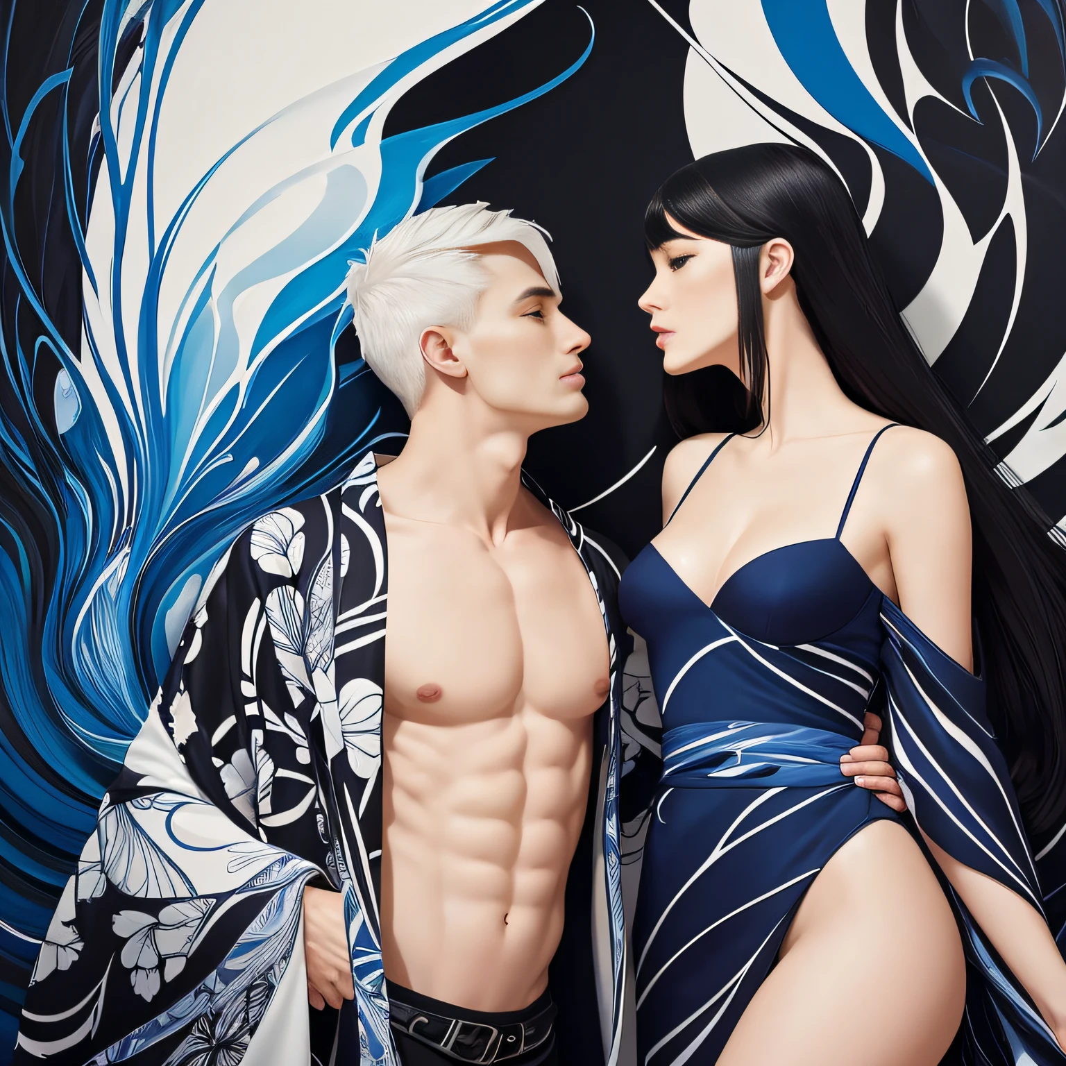 A snowy, whimsical fantasy scene with an super model in sexy pattern kimono. The image is primarily composed of white, black, and royal blue colors. The artwork is created with abstract shapes and lines, resembling brush strokes. It has a poster art feel to it. The main focus of the scene is a couple engaged in a passionate kiss. The lighting and shadows play a crucial role in enhancing the mood of the artwork. The style of the image is influenced by the works of Malcolm Liepke, known for his dynamic and expressive paintings. Depict the model partially concealed by a sheer fabric or drapery, leaving much to the viewer's imagination. Use subtle details to hint at hidden desires. symbolic elements that convey a deeper meaning or narrative