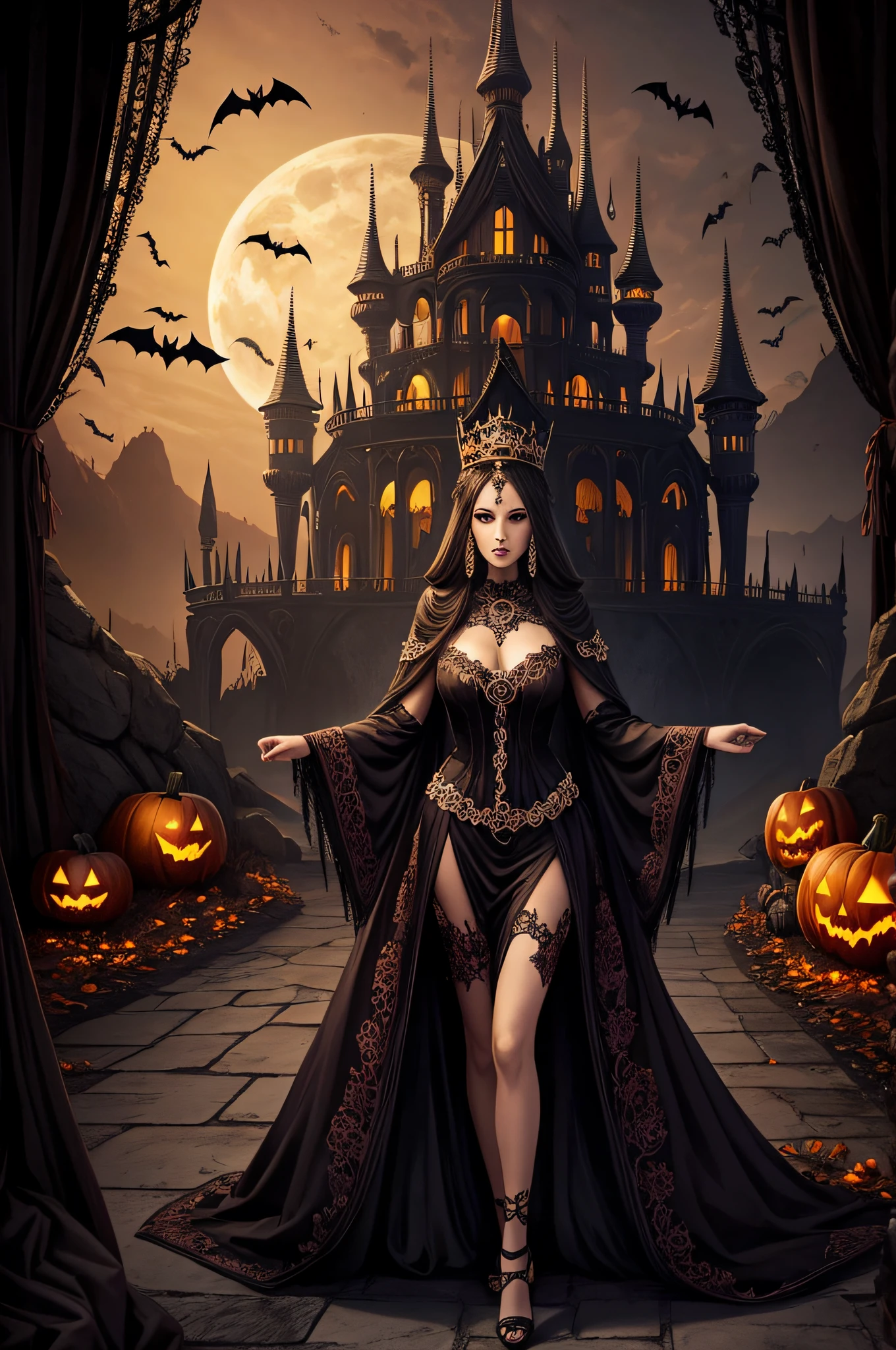 Landscape full body queen of the dead, Halloween palace in the valley, theme Halloween spectacular intricate detailed, surreal