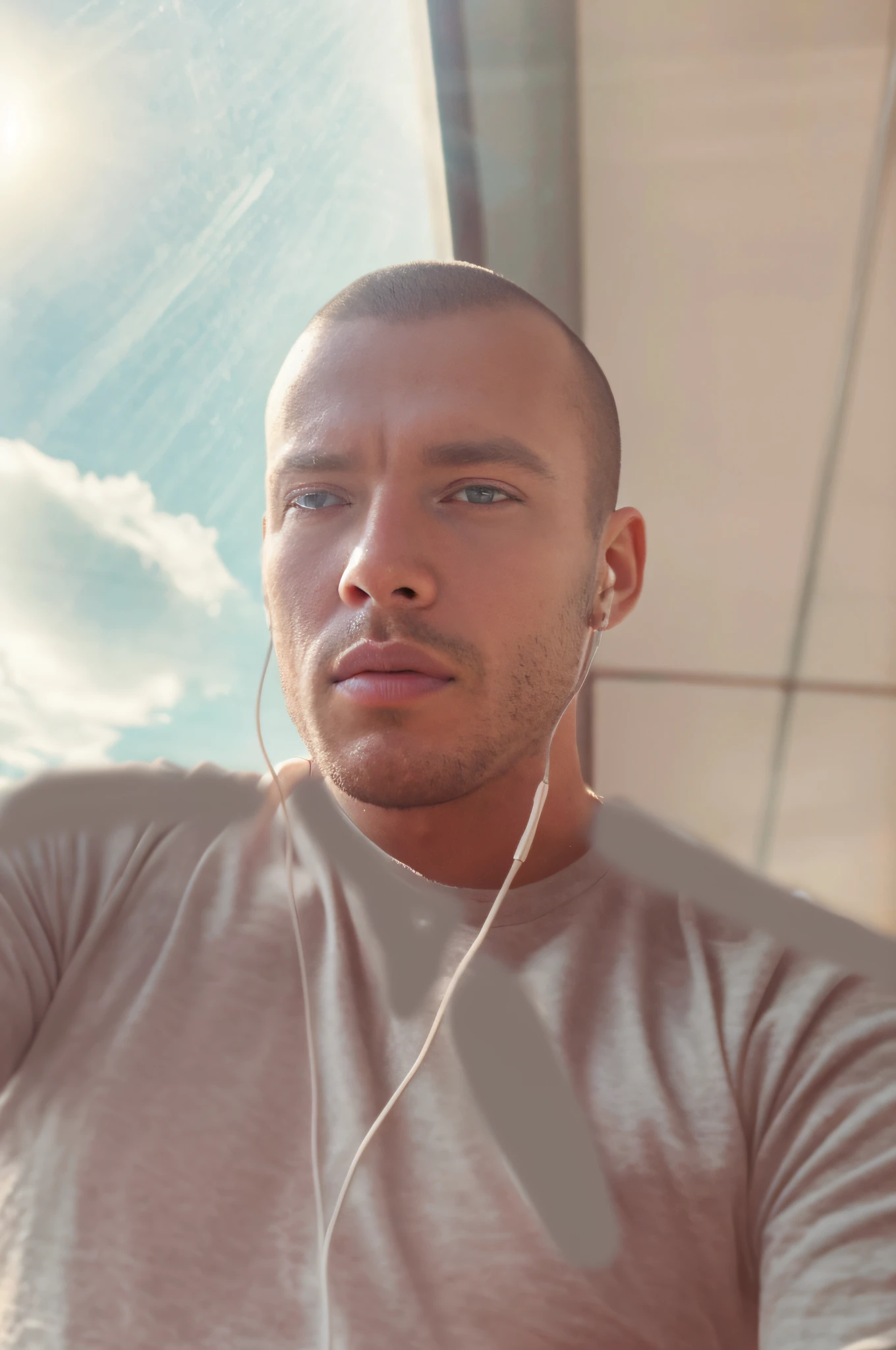 There is a man, Who listens to music with headphones,  selfie photography 8k, gray t-shirt, Grey clothes