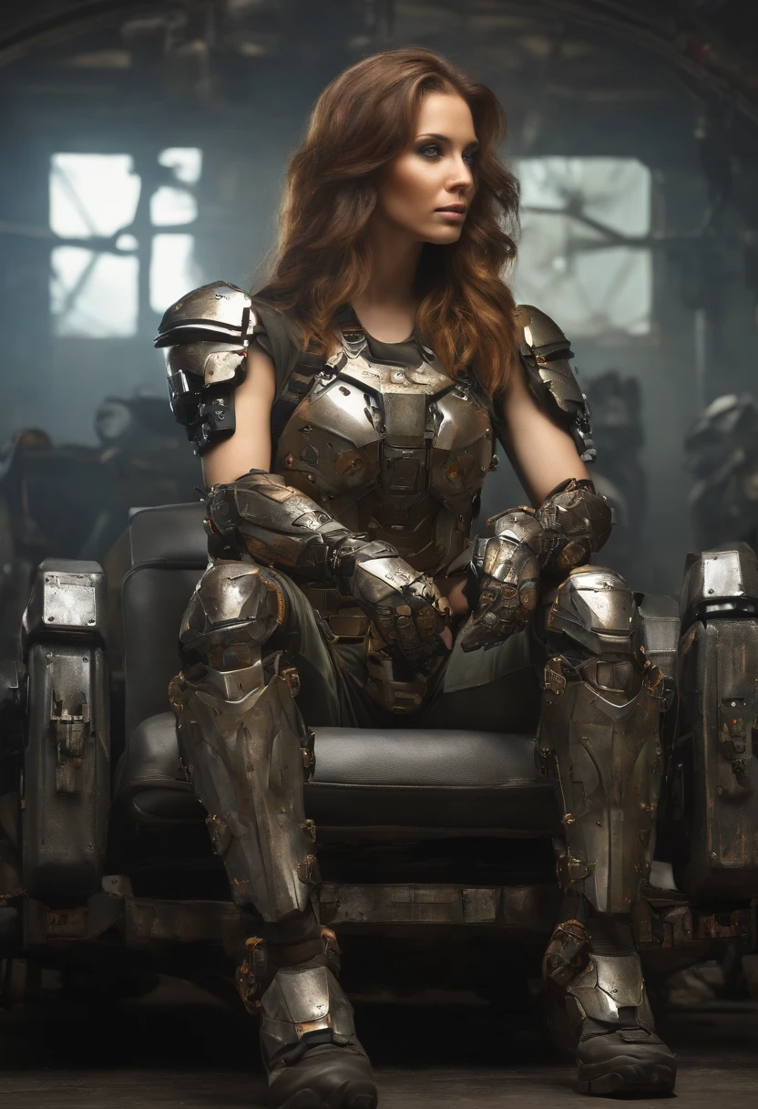 Beautiful hyperrealistic photograph of cute American woman with Runic tattoos, (((wearing full heavy mecha armor, combat harness, Neon highlights))), (((sitting in chair pose))), interior of Military Facility background, Camo netting, Ammo Boxes abstract beauty, near perfection, pure form, Golden Ratio, concept art, By Brian Froud and Carne Griffiths and Wadim Kashin, intricate detail, 8k post-production, High resolution, super Detail