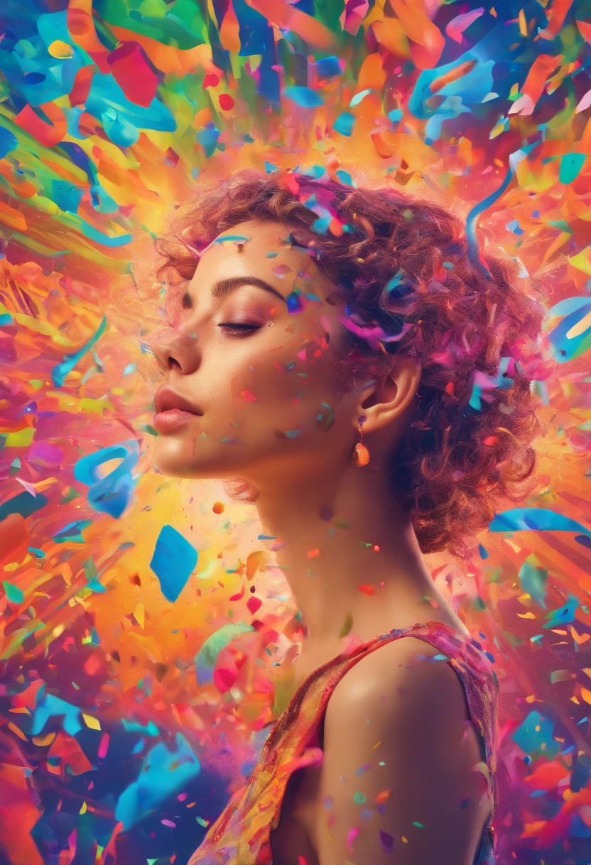 (((Photorealistic Woman)))、20yr old、((of the highest quality, 8K,Raw photo)), (Realistic, Photorealistic: 1.37),BREAK, Cosmos confetti