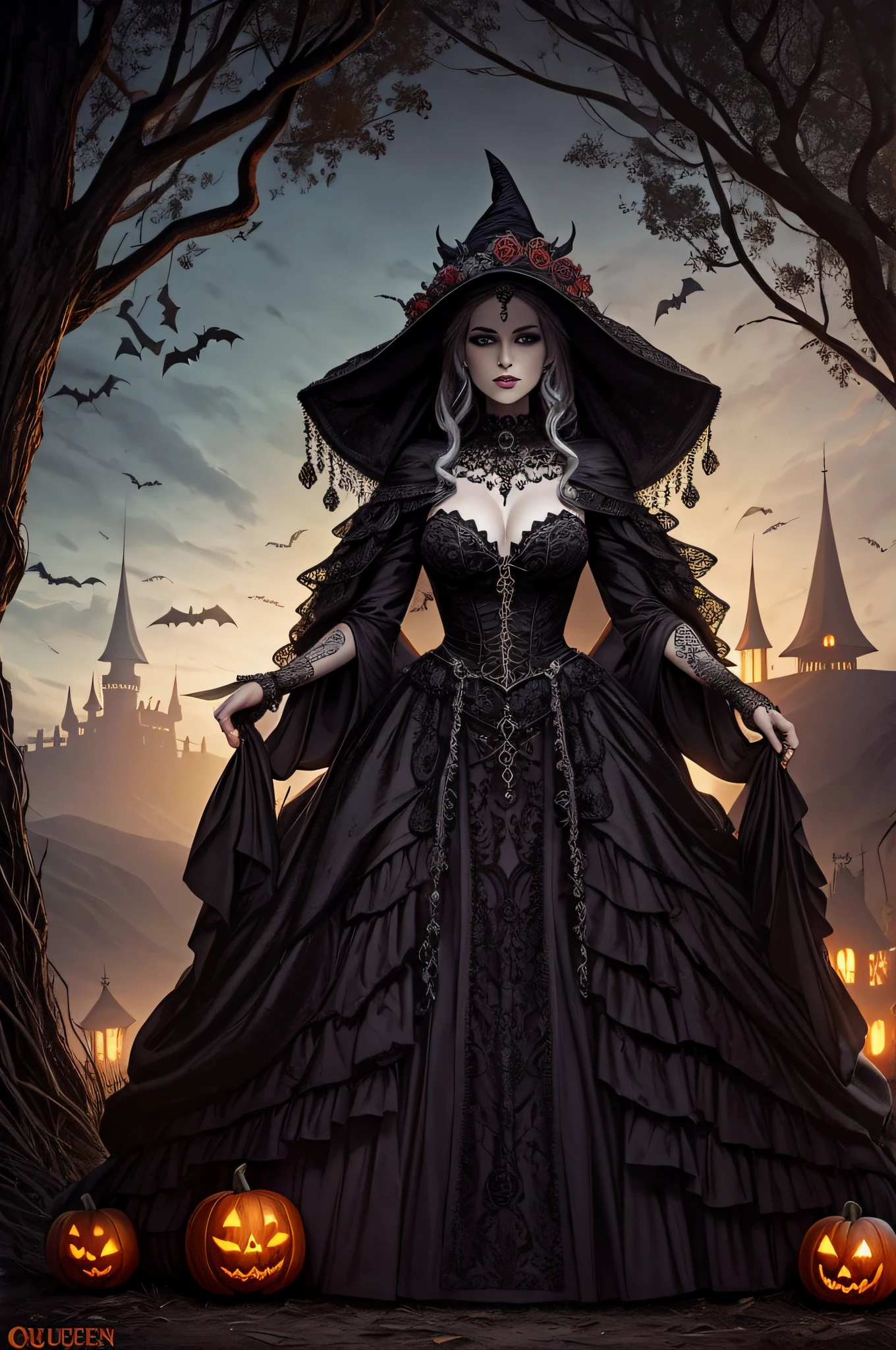 Landscape full body queen of the dead, Halloween palace in the valley, theme Halloween spectacular intricate detailed, surreal