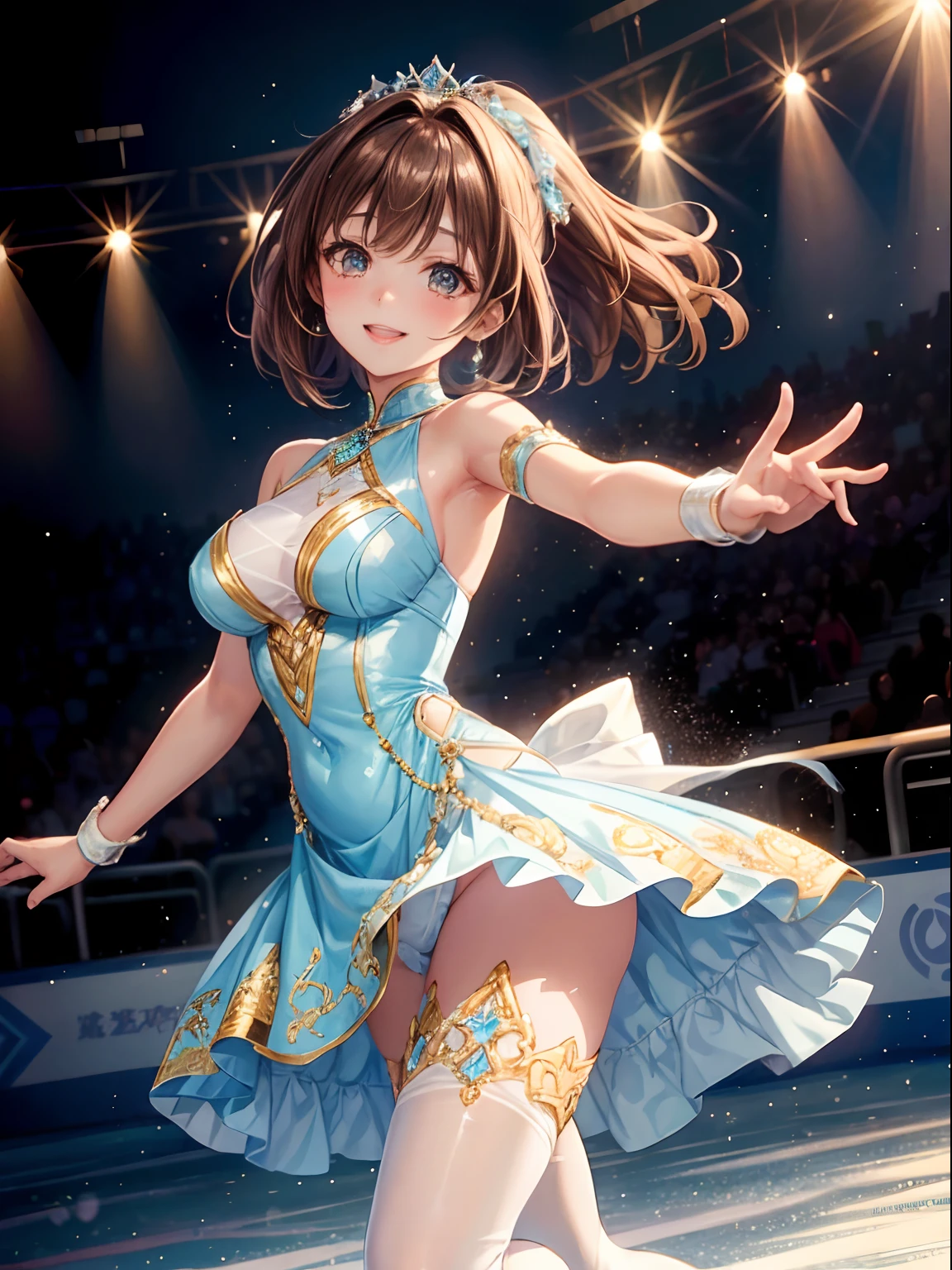 top-quality、Full limbs、complete fingers、One beautiful woman、Beautiful Large Breasts、poneyTail、Medium hair、Brown hair、Woman in light blue and white pattern figure skating dress、Flesh-colored pantyhose、A smile、Ice rink、Figure skating arena