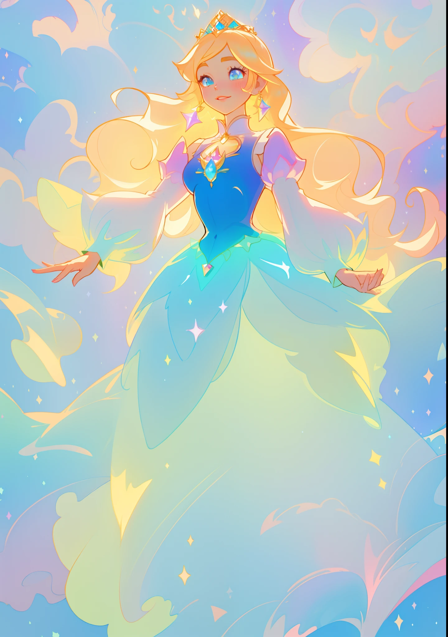 beautiful girl, puffy tiered princess ballgown with puffy long sleeves, vibrant pastel colors, (colorful), glowing golden long hair, magical lights, sparkling magical liquid, inspired by Glen Keane, inspired by Lois van Baarle, disney art style, by Lois van Baarle, glowing aura around her, by Glen Keane, jen bartel, glowing lights! digital painting, flowing glowing hair, glowing flowing hair, beautiful digital illustration, fantasia background, whimsical, magical, fantasy, ((beautiful face)), ((masterpiece, best quality)), intricate details, highly detailed, sharp focus, 8k resolution, sparkling detailed eyes, liquid watercolor