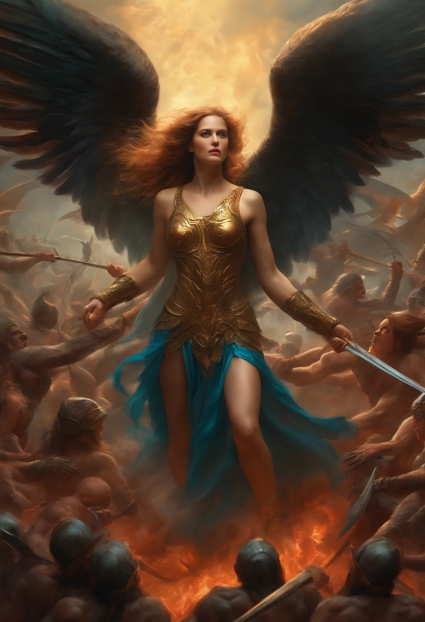 Beautiful angels fighting demons