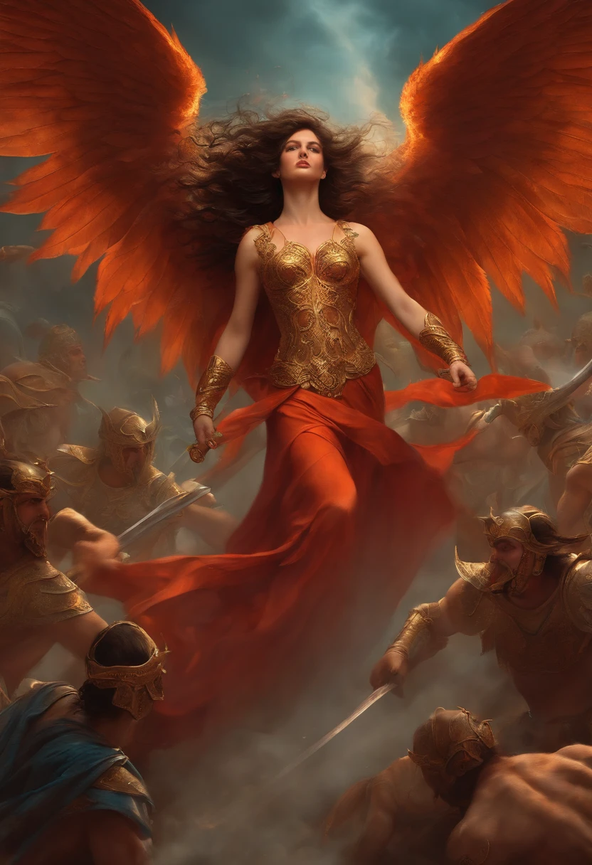 pranger pose, a naked valkyrie, beautiful woman, full body, flowing red hair, muscular athletic body, red angelic wings, dramatic lighting, fantasy landscape, oil painting, dramatic pose, volumetric lighting, highly detailed, cinematic, masterpiece, (best quality,4k,8k,highres,masterpiece:1.2)