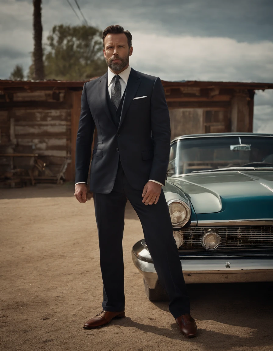 A Photograph capturing a surrealist vision: ben affleck in wet speedo, amidst a swirling color palette, poses outside a tailor shop, posing with the dreamlike surroundings. --ar 16:9