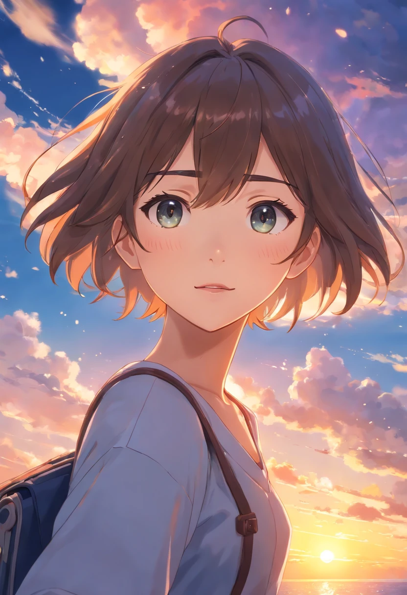 (best quality,4k,8k,highres,masterpiece:1.2),ultra-detailed,(realistic,photorealistic,photo-realistic:1.37),movie still,1girl,cloud girl,floating in the sky,close-up,bright,happy,warm soft lighting,sunset,(sparks:0.7)