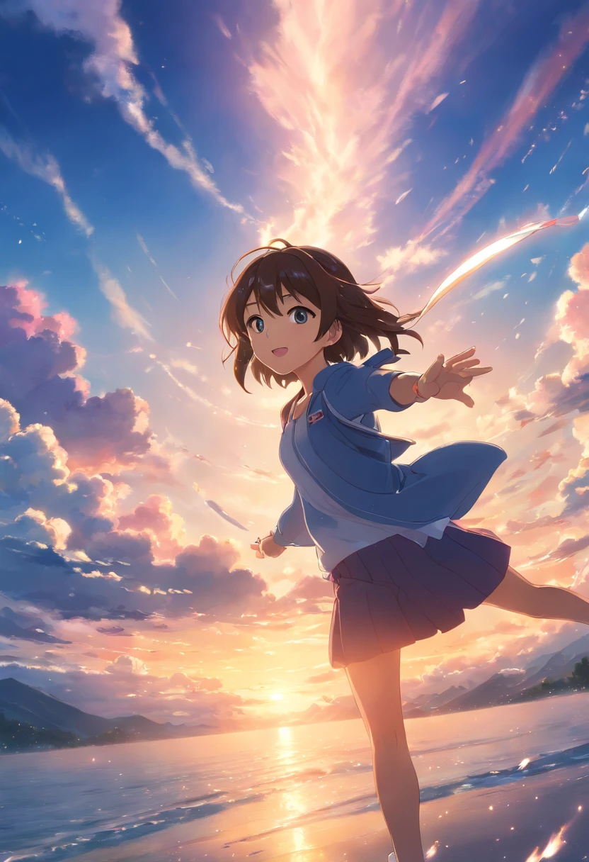 (best quality,4k,8k,highres,masterpiece:1.2),ultra-detailed,(realistic,photorealistic,photo-realistic:1.37),movie still,1girl,cloud girl,floating in the sky,close-up,bright,happy,warm soft lighting,sunset,(sparks:0.7)