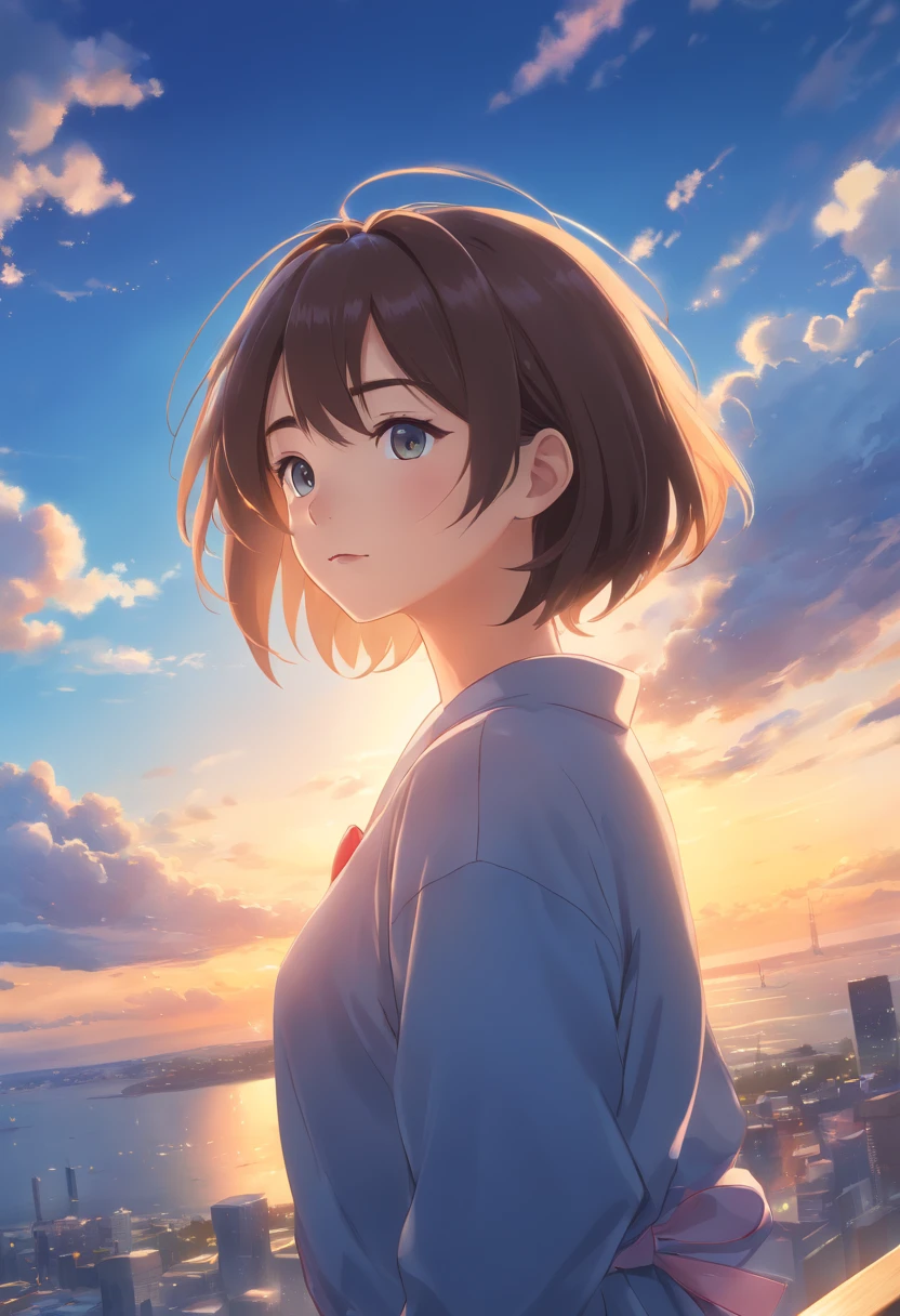 (best quality,4k,8k,highres,masterpiece:1.2),ultra-detailed,(realistic,photorealistic,photo-realistic:1.37),movie still,1girl,cloud girl,floating in the sky,close-up,bright,happy,warm soft lighting,sunset,(sparks:0.7)