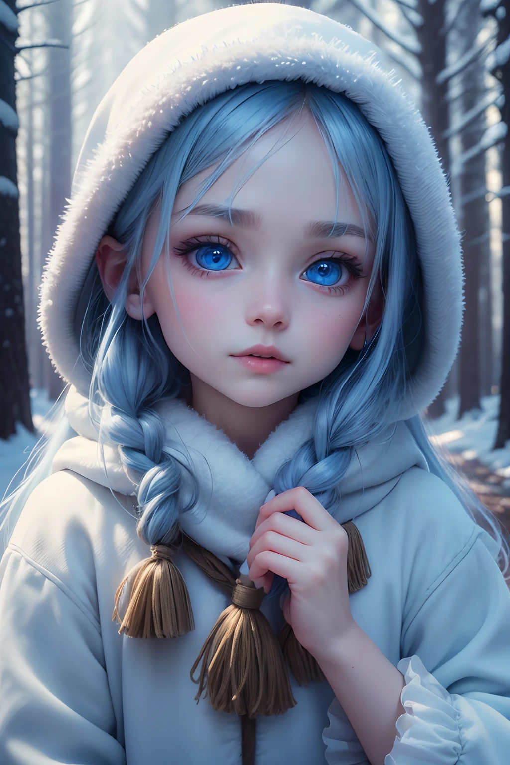 portrait, High quality, Ukrainian Fairy Girl Winter Snow In Forest Through Trees About 10 yea bleus, peau lisse, ((Best quality, 8k, Masterpiece :1.3)), 1fille, Jolie fille , casual outfit :1.2, in the forest, Ultra-detailed face, detailled eyes, double eyelidwork
