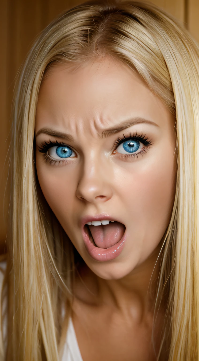 Pretty blonde woman scared and scared with mouth and eyes very wide open from the front