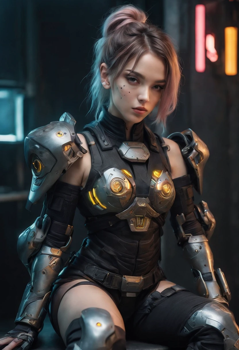 Beautiful hyperrealistic photograph of cute American woman with Runic tattoos, (((wearing full heavy mecha armor, combat harness, Neon highlights))), (((sitting in chair pose))), interior of Military Facility background, Camo netting, Ammo Boxes abstract beauty, near perfection, pure form, Golden Ratio, concept art, By Brian Froud and Carne Griffiths and Wadim Kashin, intricate detail, 8k post-production, High resolution, super Detail