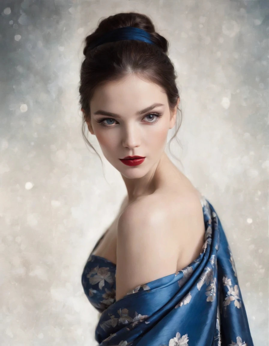 A snowy, whimsical fantasy scene with an super model in sexy pattern kimono. The image is primarily composed of white, black, and royal blue colors. The artwork is created with abstract shapes and lines, resembling brush strokes. It has a poster art feel to it. The main focus of the scene is a couple engaged in a passionate kiss. The lighting and shadows play a crucial role in enhancing the mood of the artwork. The style of the image is influenced by the works of Malcolm Liepke, known for his dynamic and expressive paintings. Depict the model partially concealed by a sheer fabric or drapery, leaving much to the viewer's imagination. Use subtle details to hint at hidden desires. symbolic elements that convey a deeper meaning or narrative