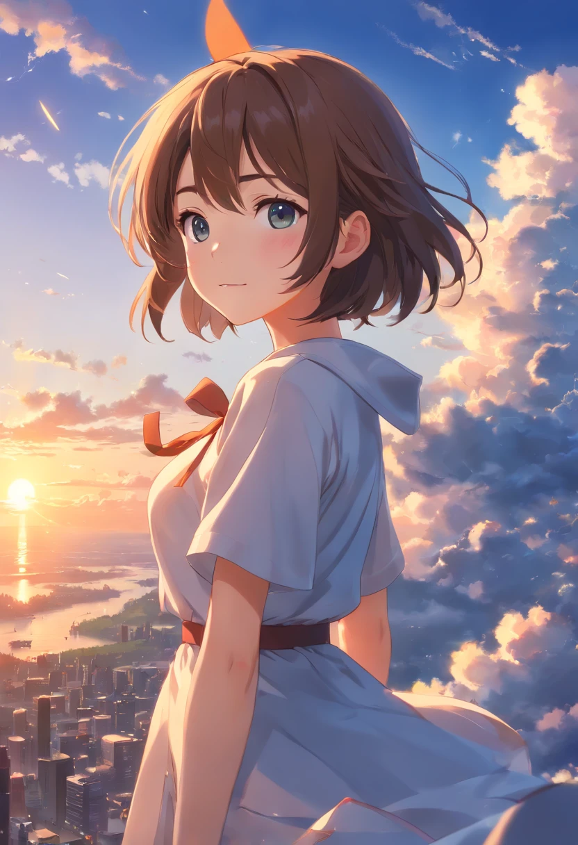 (best quality,4k,8k,highres,masterpiece:1.2),ultra-detailed,(realistic,photorealistic,photo-realistic:1.37),movie still,1kitten,cloud girl,floating in the sky,close-up,bright,happy,warm soft lighting,sunset,(sparks:0.7)