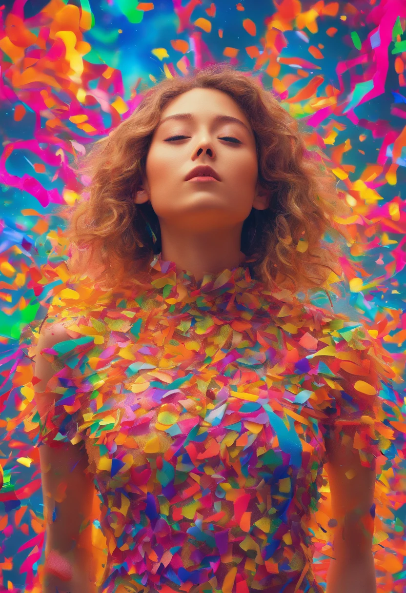 (((Photorealistic Woman)))、(full body), 20yr old、((of the highest quality, 8K,Raw photo)), (Realistic, Photorealistic: 1.37),BREAK, Cosmos confetti