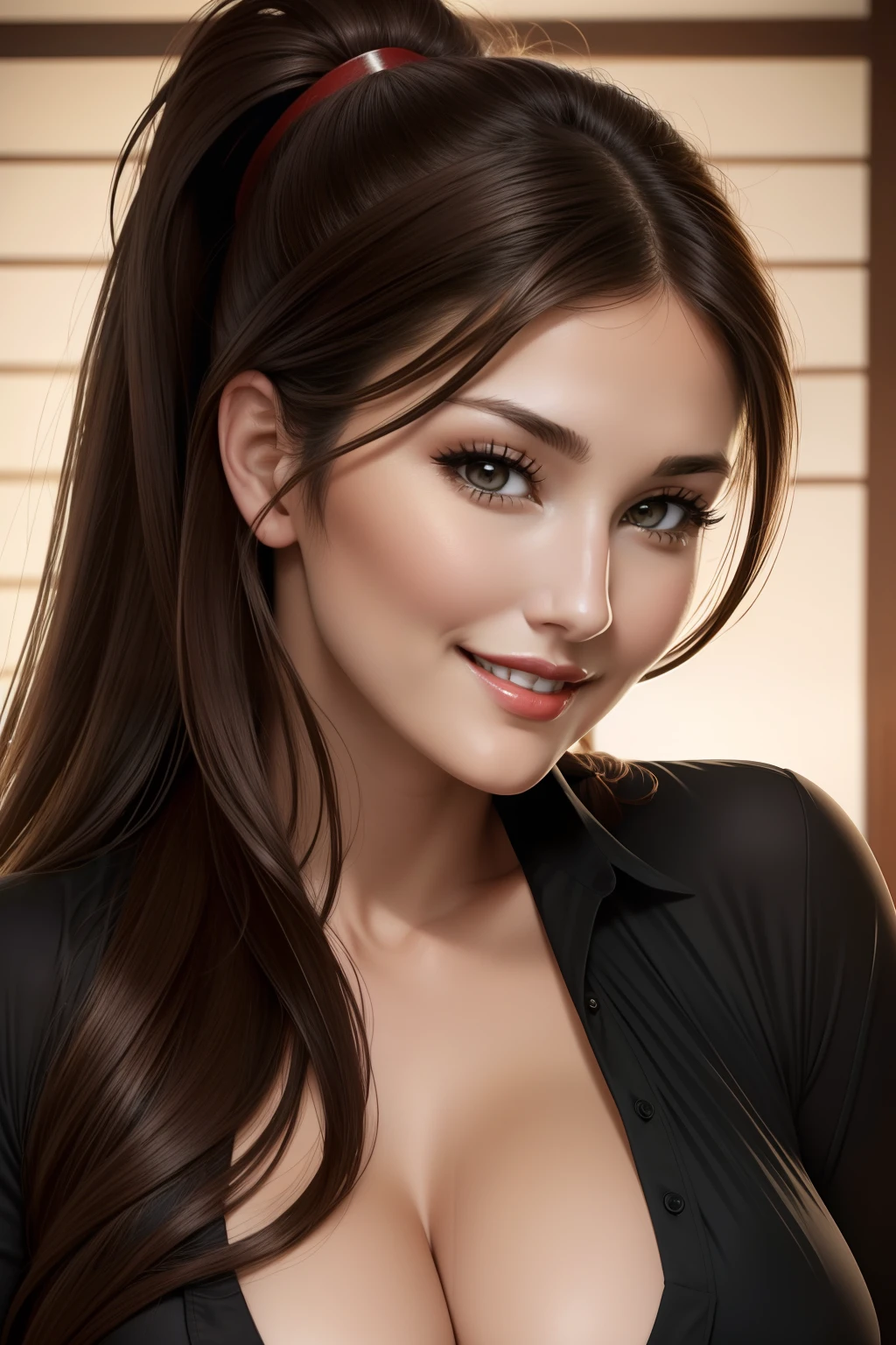 Lucy Pinder, Face portrait, smiling, brown hair, long hair, ponytail, cleavage, red lipstick, all black blouse, Japanese woman