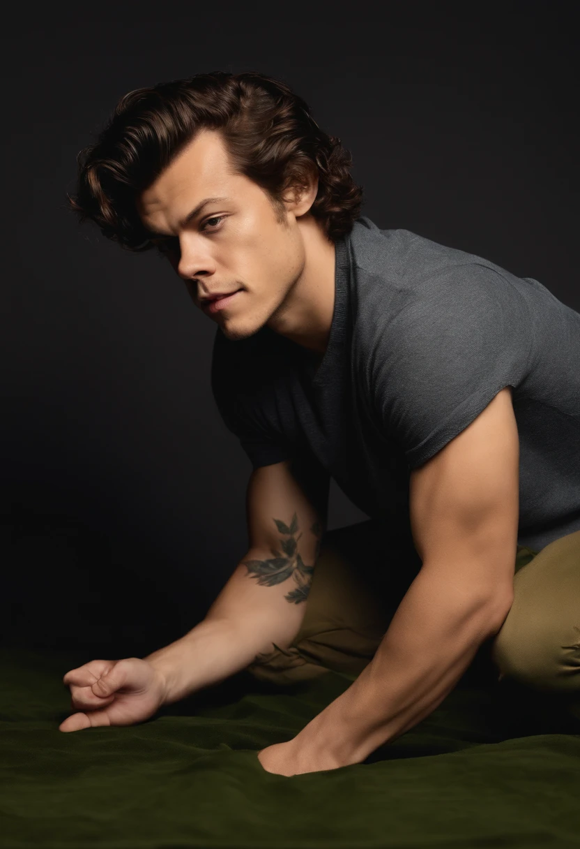 Harry Styles kneeling with his hand between his legs holding his large male genitalia in his hand, a look of pleasure on his face. His genitalia is a male body part between his legs, his genitalia is long, thick and looks realistic.