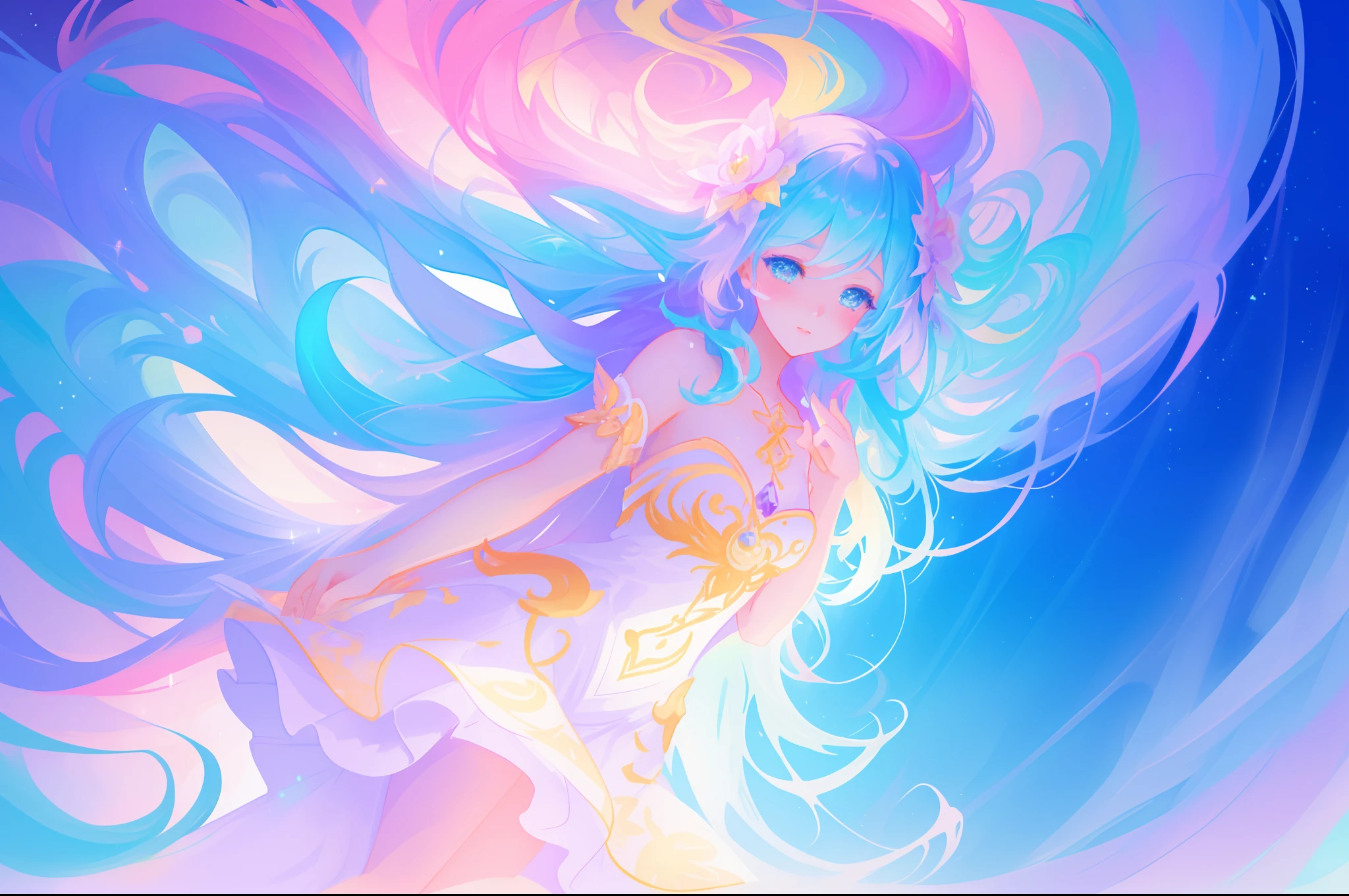 beautiful girl, vibrant pastel colors, vibrant pastel colors, flowing white dress(colorful), magical lights, long flowing colorful hair, inspired by Glen Keane, inspired by Lois van Baarle, disney art style, by Lois van Baarle, glowing aura around her, by Glen Keane, jen bartel, glowing lights! digital painting, flowing glowing hair, glowing flowing hair, beautiful digital illustration, fantasia background, whimsical, magical, fantasy, beautiful face, ((masterpiece, best quality)), intricate details, highly detailed, sharp focus, 8k resolution, sparkling detailed eyes, liquid watercolor