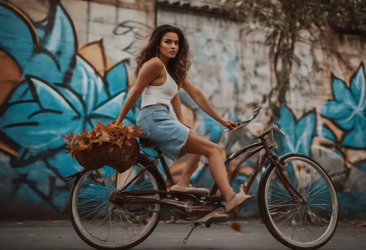 a mexican pretty woman rides an old bicycle on the urban street with maple leaves graffiti on the urban walls background, mexico city landscape, sunlight, (high quality:1.2), dynamic composition, soft color, volumetric light, (masterpiece), (intricate details), (hyperdetailed), highly detailed, lot of details, high quality, cinematic lighting, detailed texture, dynamic creative wall painting, full shot, dynamic angle wide view