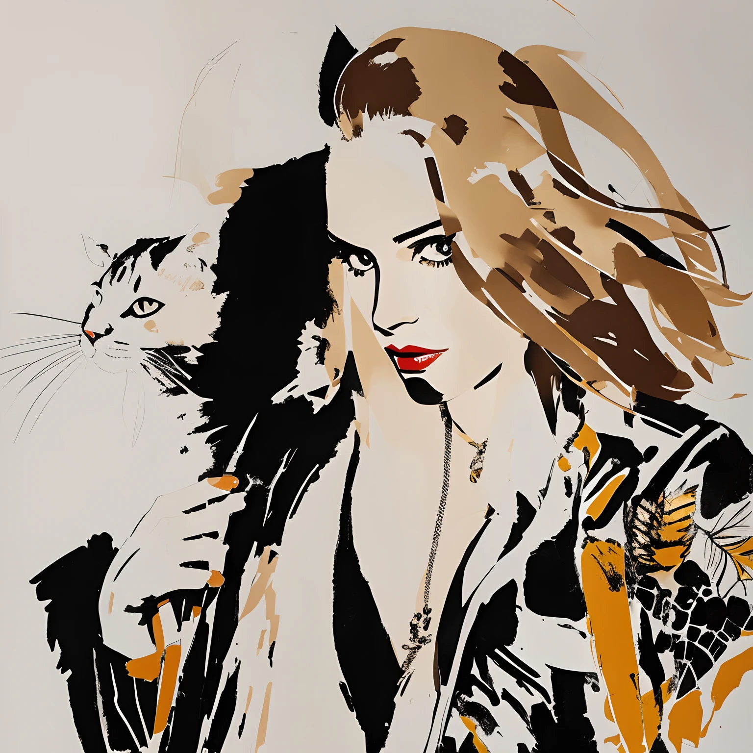 David Downton fashion illustration blonde 1 woman thin hair bob leather jacket selfie portrait, and cat, and pineapple fruit