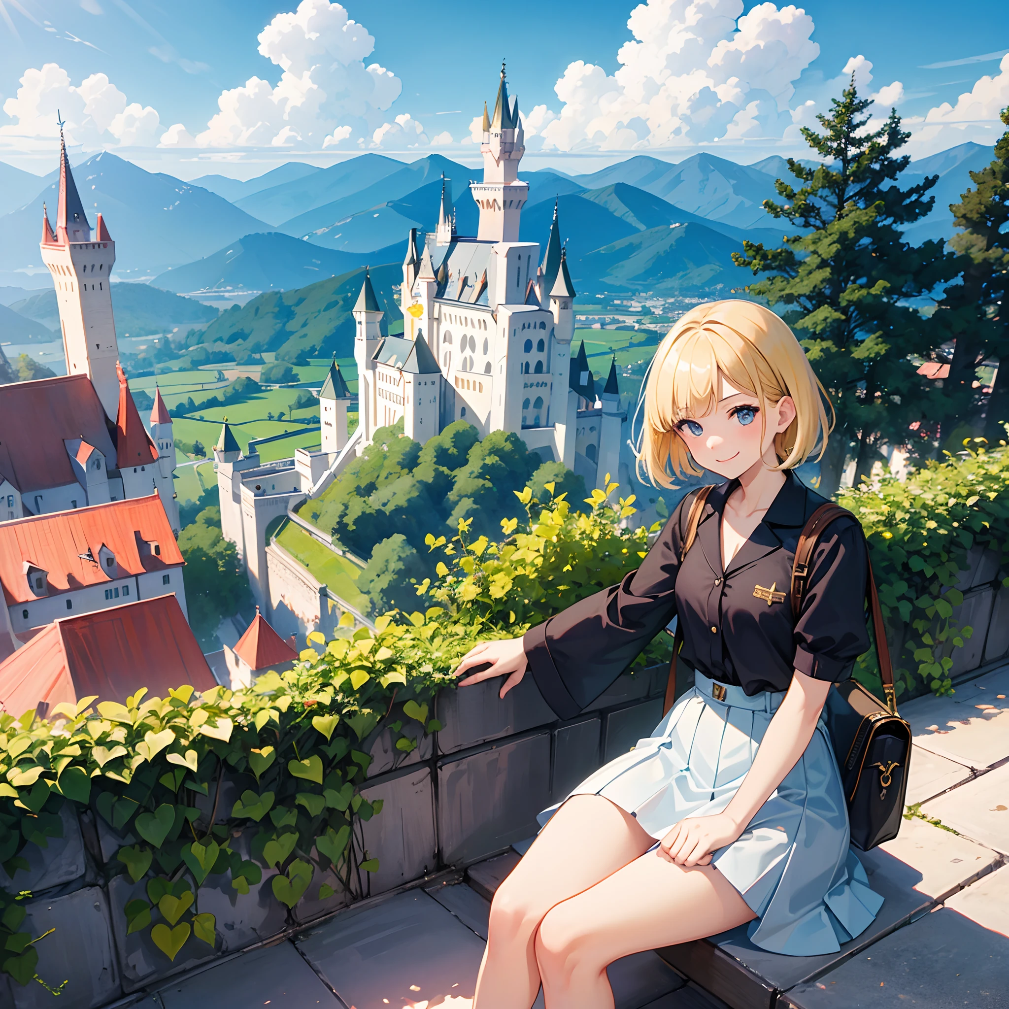 Masterpiece, 1 girl, smiling, european, skirt, (small) chillerism, short blonde hair, Neuschwanstein Castle, summer