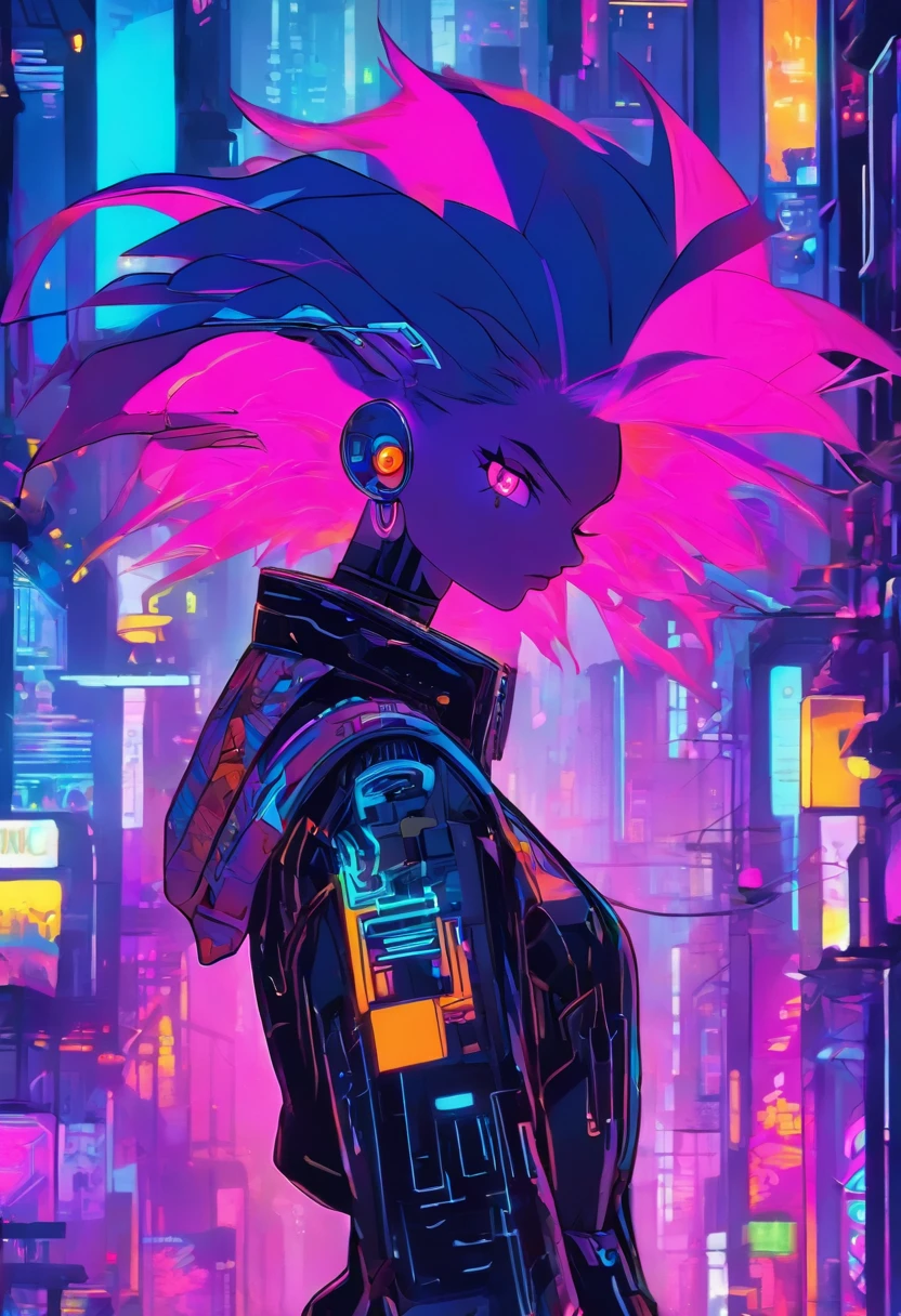 In the neon-lit streets of a cyberpunk metropolis, a figure emerges, defying the boundaries of reality and technology. Meet the Cyberpunk Girl, a vision of grit and rebellion. Dressed in a sleek bomber jacket, adorned with blinking LED strips that pulse with neon hues, she becomes a beacon of defiance amidst the chaotic cityscape. Her attire, a fusion of leather and circuitry, hints at the symbiotic relationship between humans and machines in this futuristic world. With her vibrant hair, a vibrant canvas of electric blues and purples, she effortlessly captures attention. Standing tall amidst the bustling streets, her piercing gaze is both determined and inquisitive, a testament to her indomitable spirit. The cityscape, bathed in a sea of neon lights and holographic advertisements, serves as her backdrop. It reflects the chaos and energy that she thrives upon. Will you join her in this cybernetic realm, where the possibilities are limitless, or will you merely be a passerby in her electrifying world?