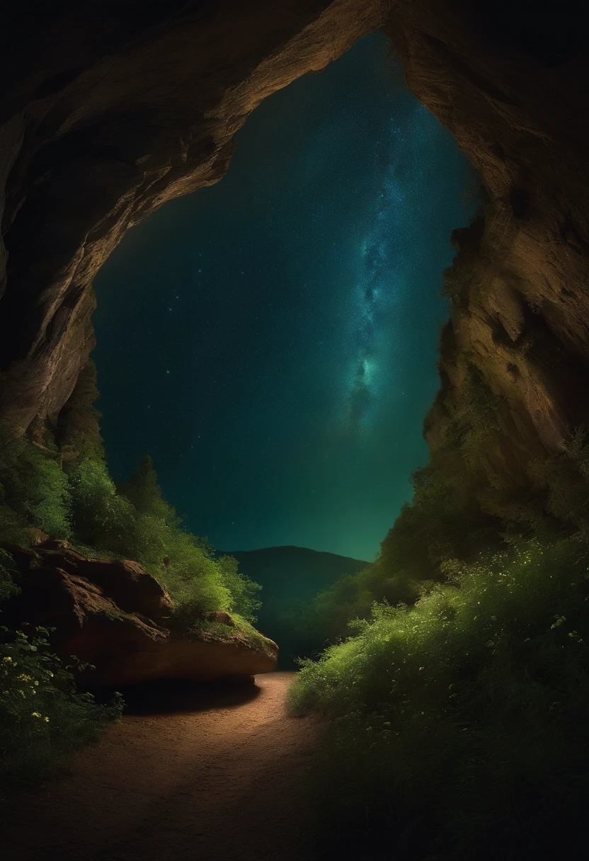 Fireflies entering a cave, it's night in the forest and the sky is full of stars.