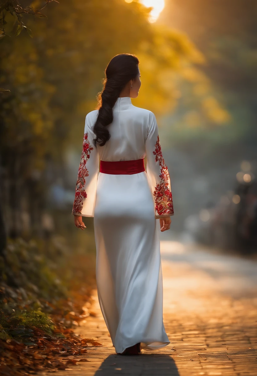 8K, Meisterwerk, RAW-Foto, best qulaity, Fotorealistik, hochdetailliertes CG Unity 8k Hintergrundbild, Depth of field, Filmisches Licht, Blendenflecke, (an extremely beautiful figure),, hochgesteckte Frisur, Ansicht von hinten, (Ultra-detaillierte Haut), tiefen Schatten, Beautiful Vietnamese girl from behind, (Vietnamesisches Modell mit Ao Dai), (verschwommener Hintergrund), Late autumn, (ohne Menschen dahinter:1.3), beautiful earrings, Armbands, Halskette, Gehen, (blasse haut), Blick nach vorn, Bewegung nach vorn, (Froschperspektive), Blick von der Fahrbahn, (schwarzes Haar), (Kleid), (durchsichtig), (Blick nach vorn) very thin, (Schuss von hinten), durchsichtig, Buttocks of medium size,. Model goes out on the street in backlight, ((Ansicht von hinten)), Shadows on the road, Young woman in tight-fitting traditional Vietnamese Áo dài from behind on the street, warmes Herbstlicht, Gegenlicht, Schatten, View from the surface of the road