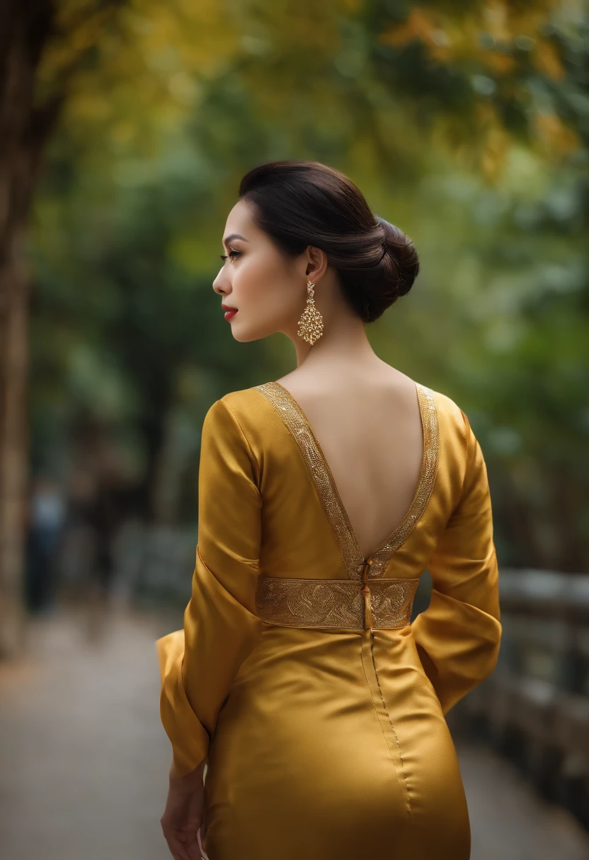 8K, Meisterwerk, RAW-Foto, best qulaity, Fotorealistik, hochdetailliertes CG Unity 8k Hintergrundbild, Depth of field, Filmisches Licht, Blendenflecke, (an extremely beautiful figure),, hochgesteckte Frisur, Ansicht von hinten, (Ultra-detaillierte Haut), tiefen Schatten, Beautiful Vietnamese girl from behind, (Vietnamesisches Modell mit Ao Dai), (verschwommener Hintergrund), Late autumn, (ohne Menschen dahinter:1.3), beautiful earrings, Armbands, Halskette, Gehen, (blasse haut), Blick nach vorn, Bewegung nach vorn, (Froschperspektive), Blick von der Fahrbahn, (schwarzes Haar), (Kleid), (durchsichtig), (Blick nach vorn) very thin, (Schuss von hinten), durchsichtig, Buttocks of medium size,. Model goes out on the street in backlight, ((Ansicht von hinten)), Shadows on the road, Young woman in tight-fitting traditional Vietnamese Áo dài from behind on the street, warmes Herbstlicht, Gegenlicht, Schatten, View from the surface of the road